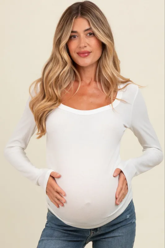 Ivory Ribbed Square Neck Long Sleeve Maternity Top sold by Pinkblush