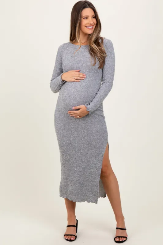 Heather Grey Knit Side Slit Lettuce Trim Maternity Maxi Dress sold by Pinkblush
