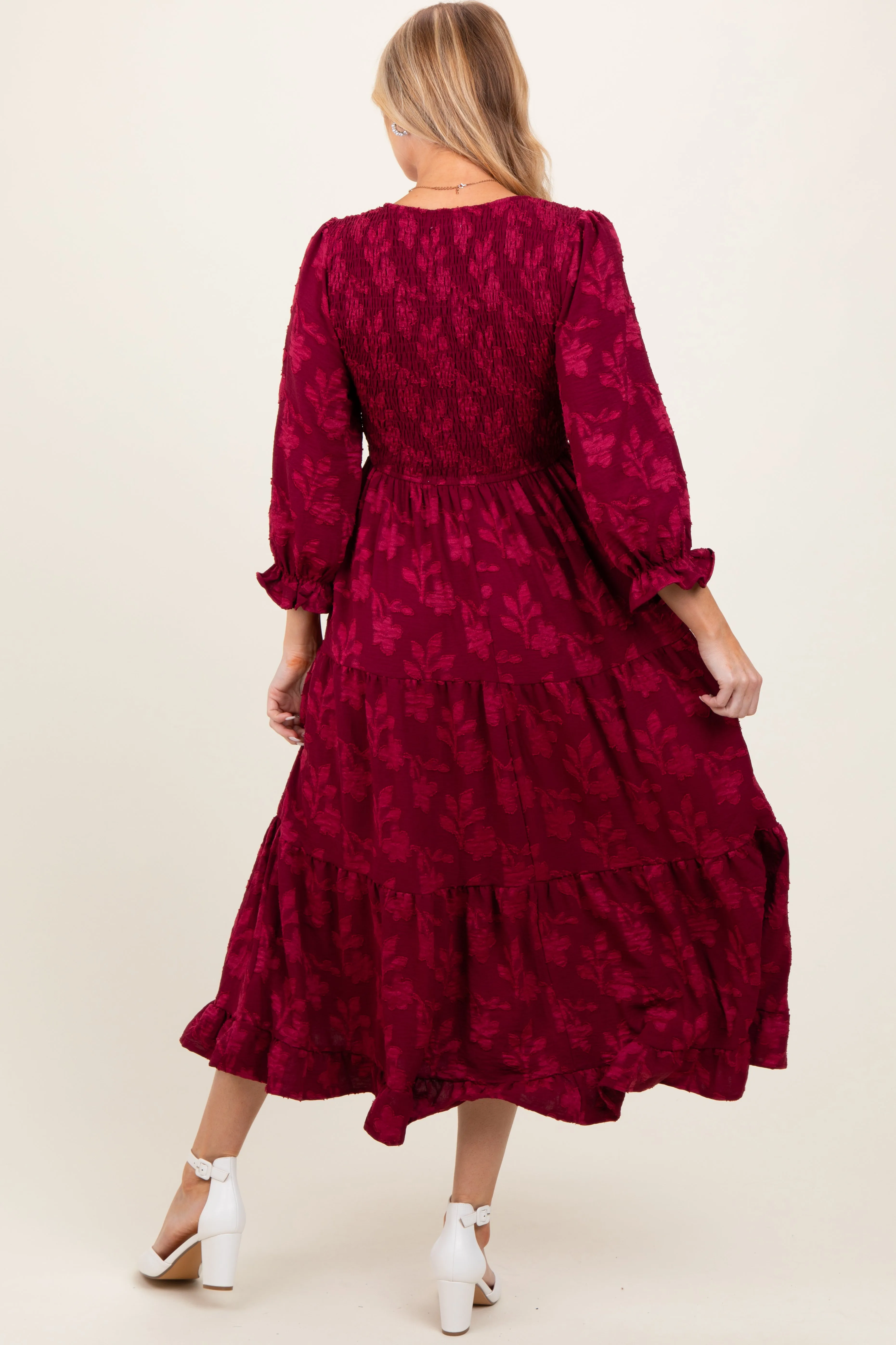 Burgundy Floral Smocked V-Neck Maternity Maxi Dress sold by Pinkblush product image thumbnail 3