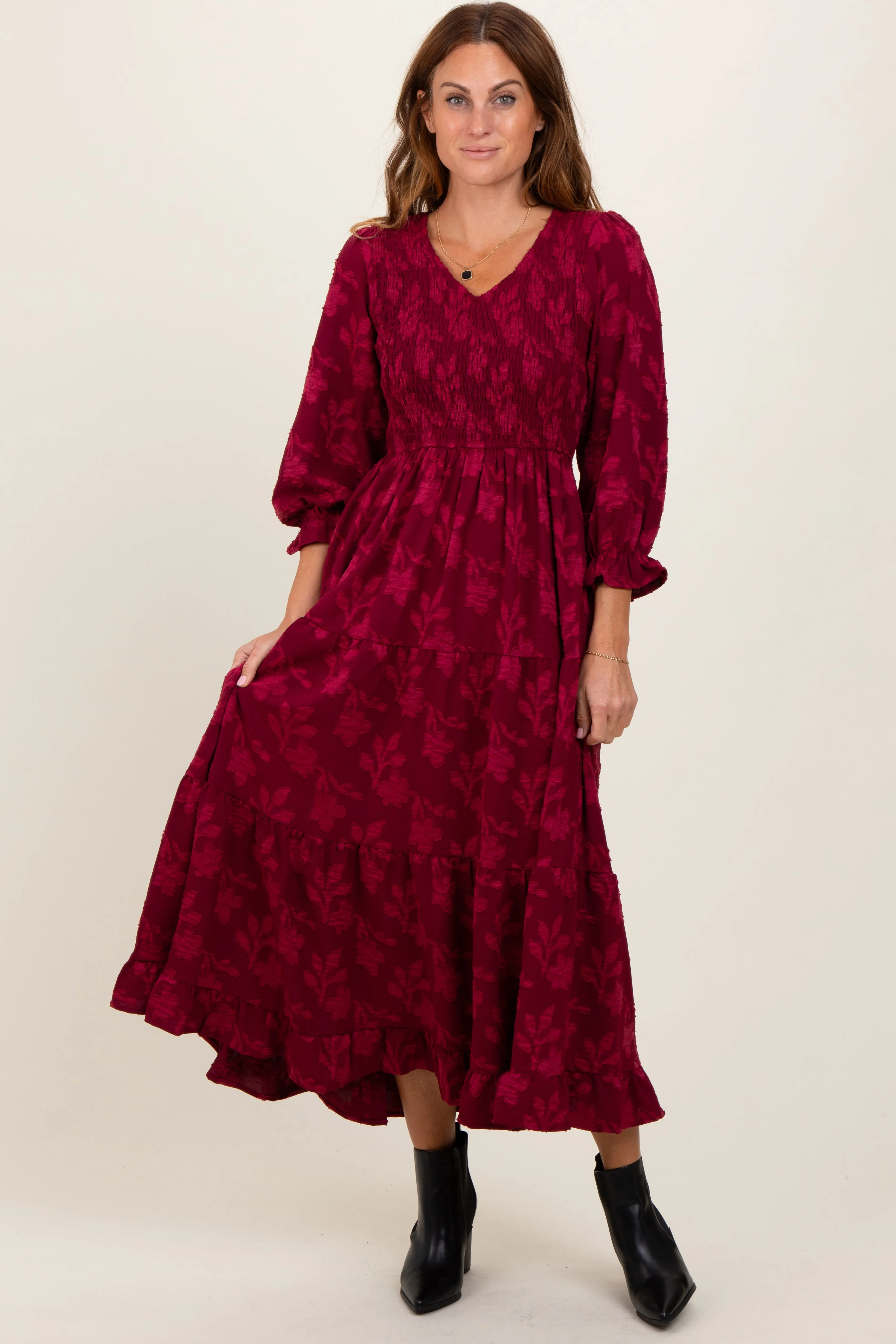Burgundy Floral Smocked V-Neck Maternity Maxi Dress sold by Pinkblush product image thumbnail 4