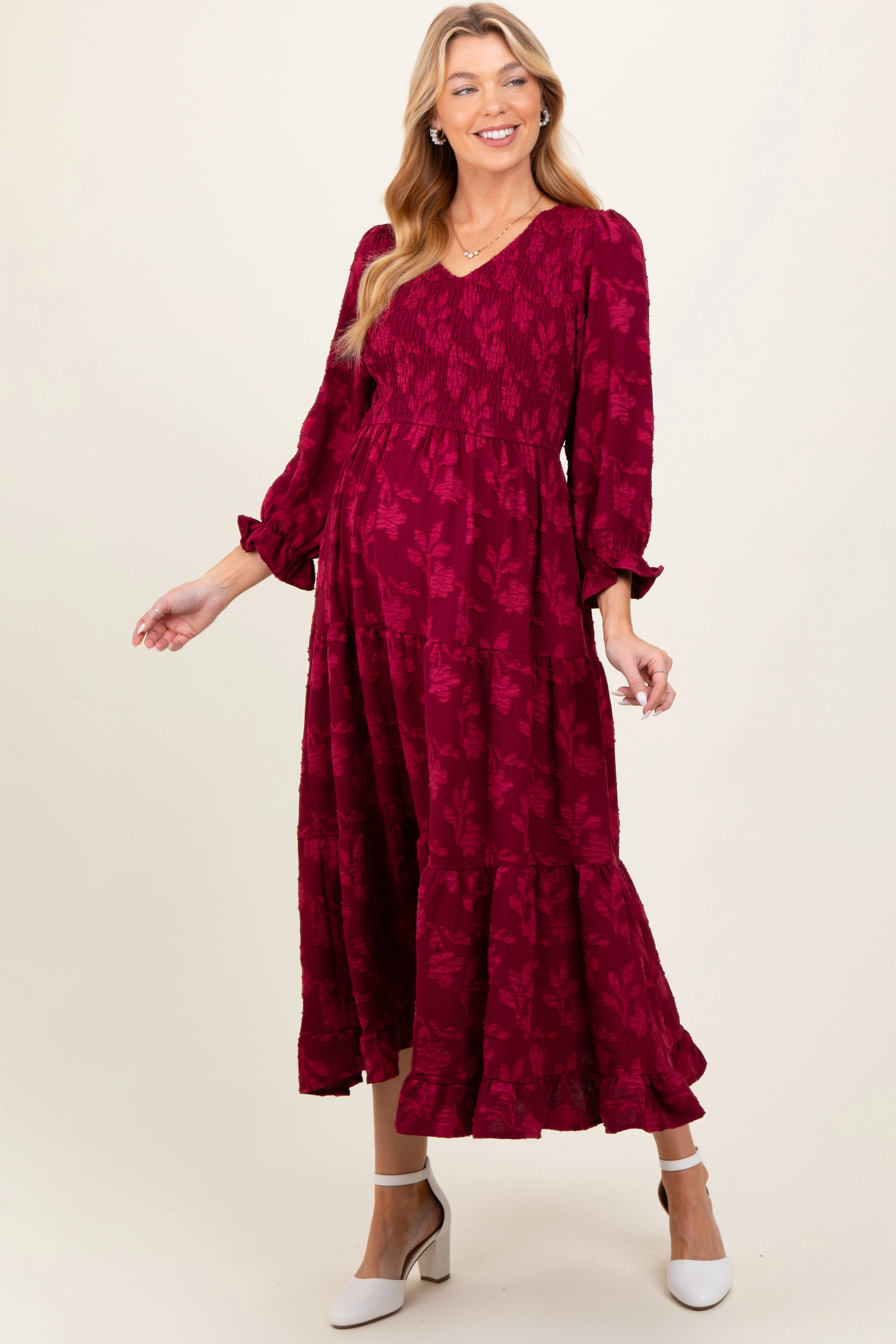 Burgundy Floral Smocked V-Neck Maternity Maxi Dress sold by Pinkblush product image thumbnail 2