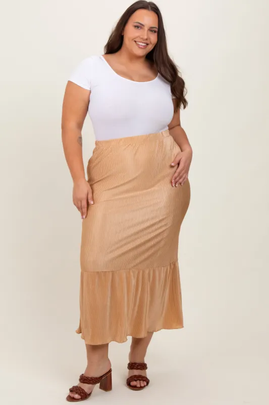 Taupe Plisse Plus Maxi Skirt sold by Pinkblush
