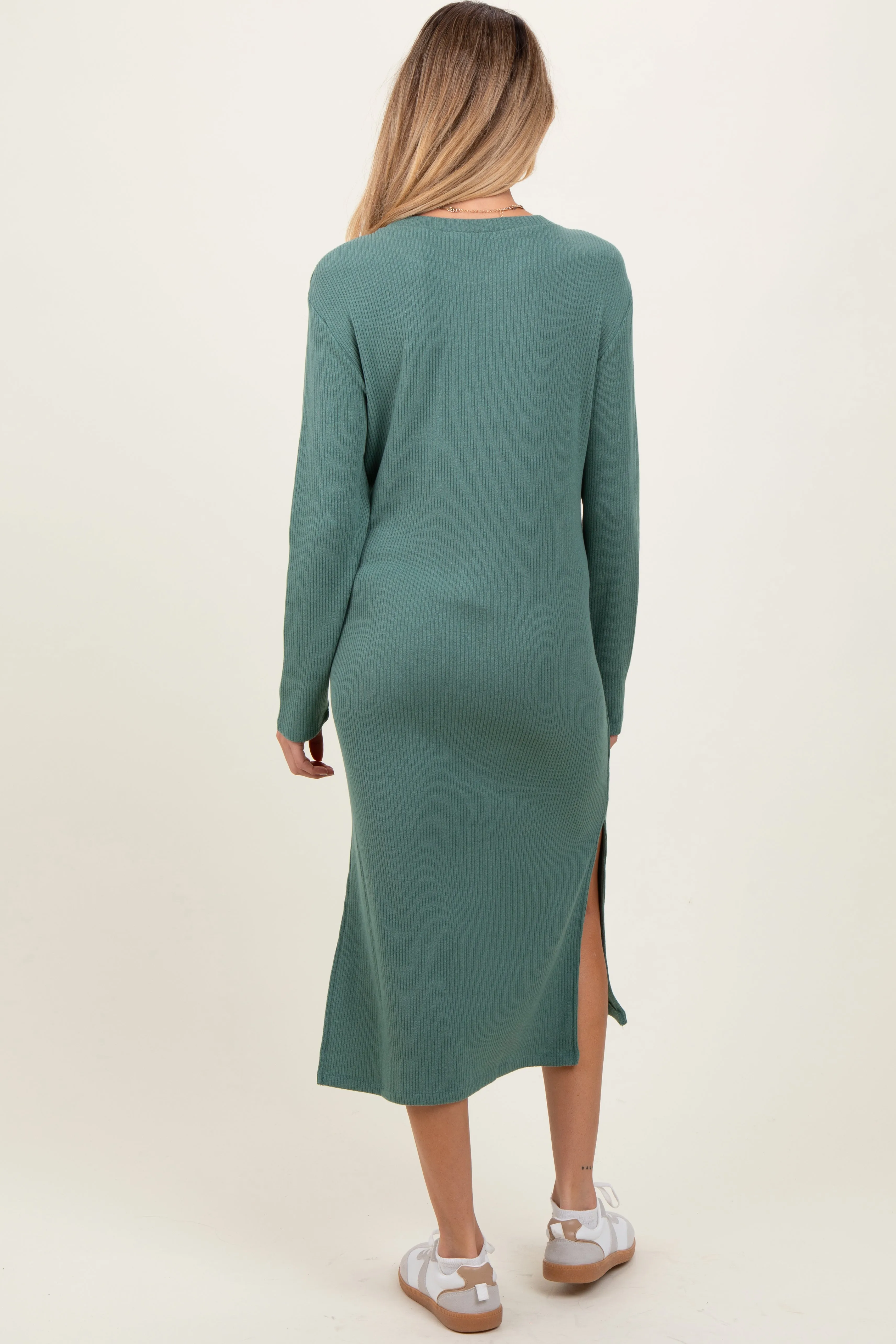 Olive Ribbed Knit Long Sleeve Side Slit Maternity Midi Dress sold by Pinkblush product image thumbnail 4