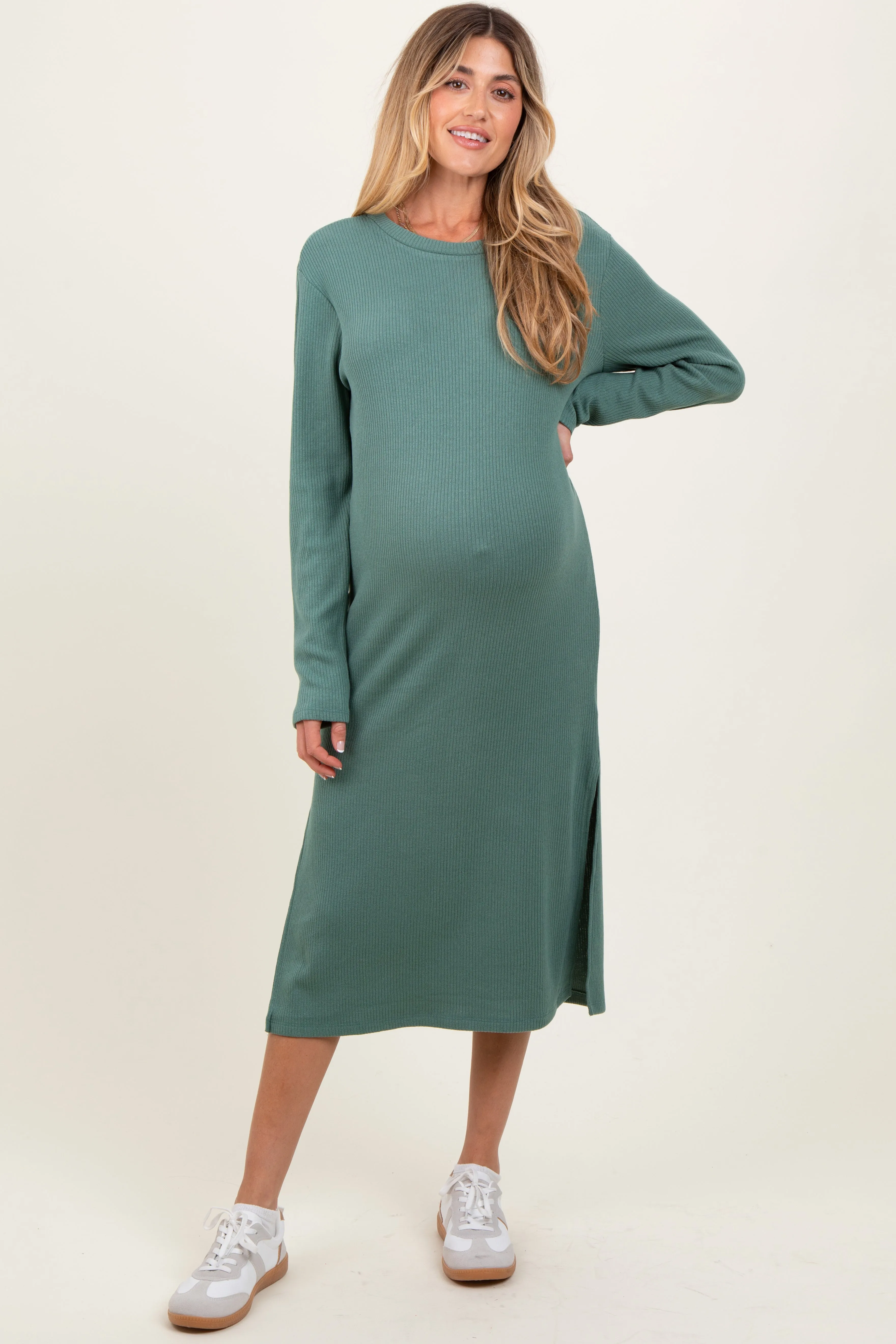 Olive Ribbed Knit Long Sleeve Side Slit Maternity Midi Dress sold by Pinkblush