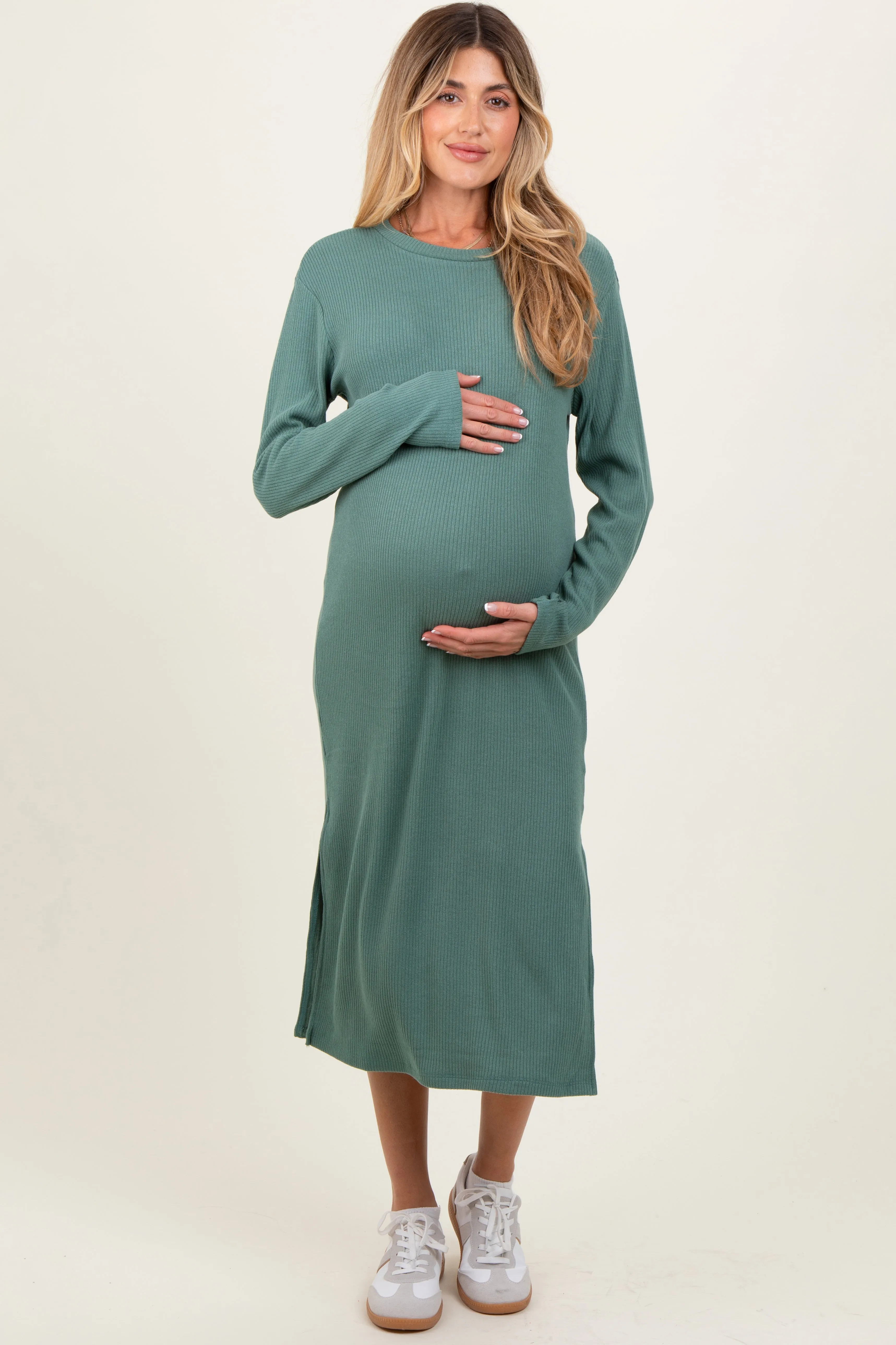 Olive Ribbed Knit Long Sleeve Side Slit Maternity Midi Dress sold by Pinkblush product image thumbnail 2
