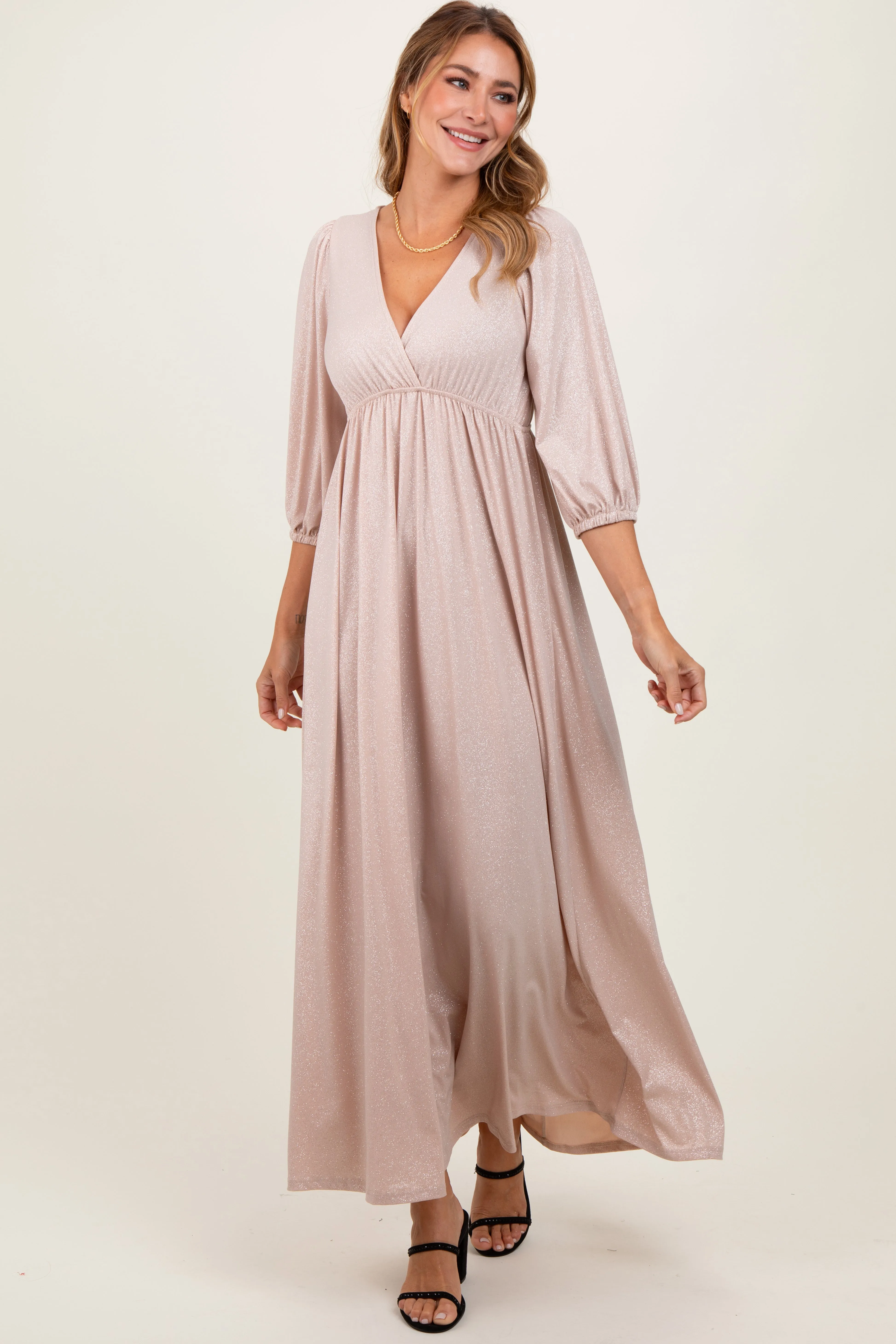 Beige Glitter V-Neck Maxi Dress sold by Pinkblush product image thumbnail 2