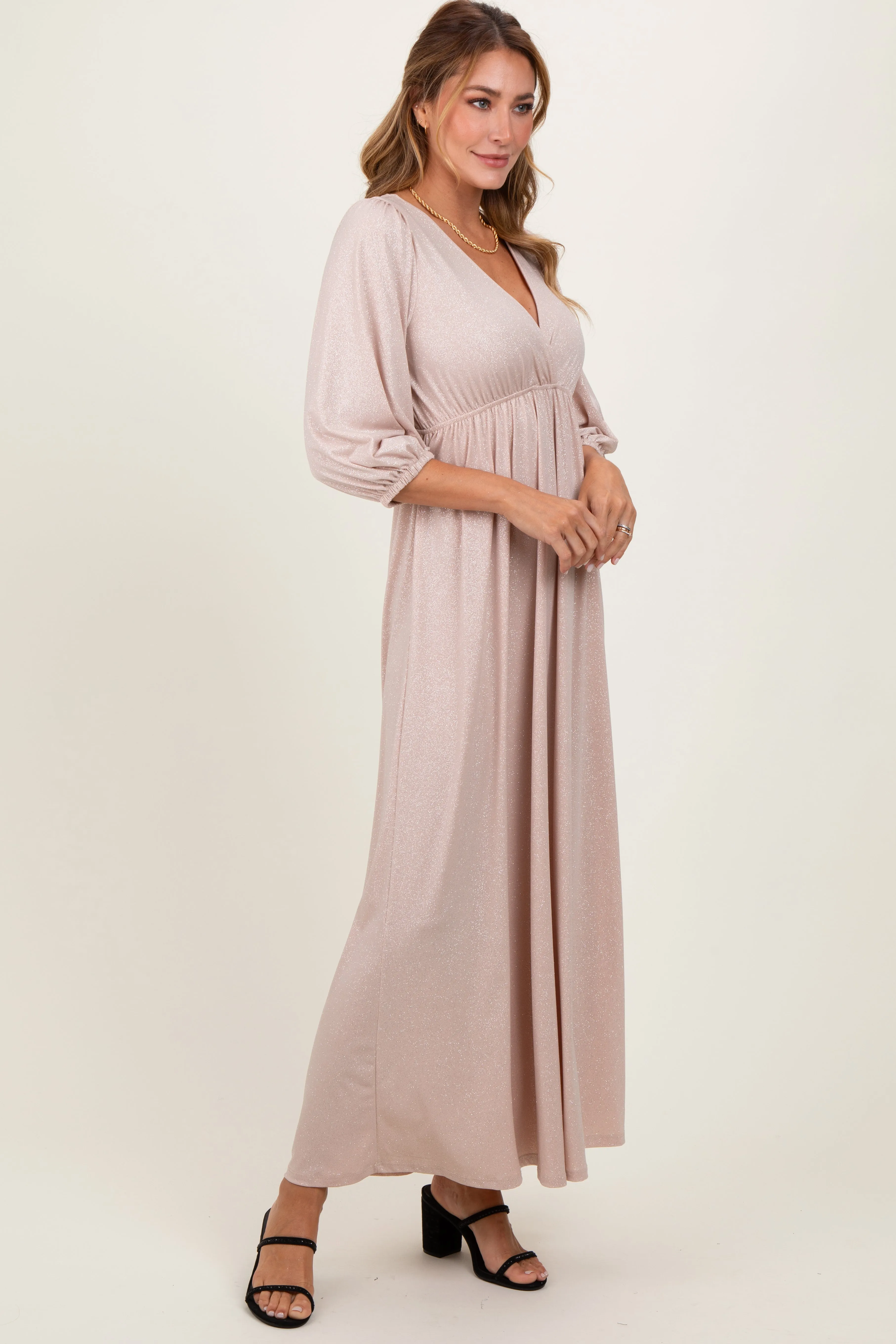 Beige Glitter V-Neck Maxi Dress sold by Pinkblush product image thumbnail 3