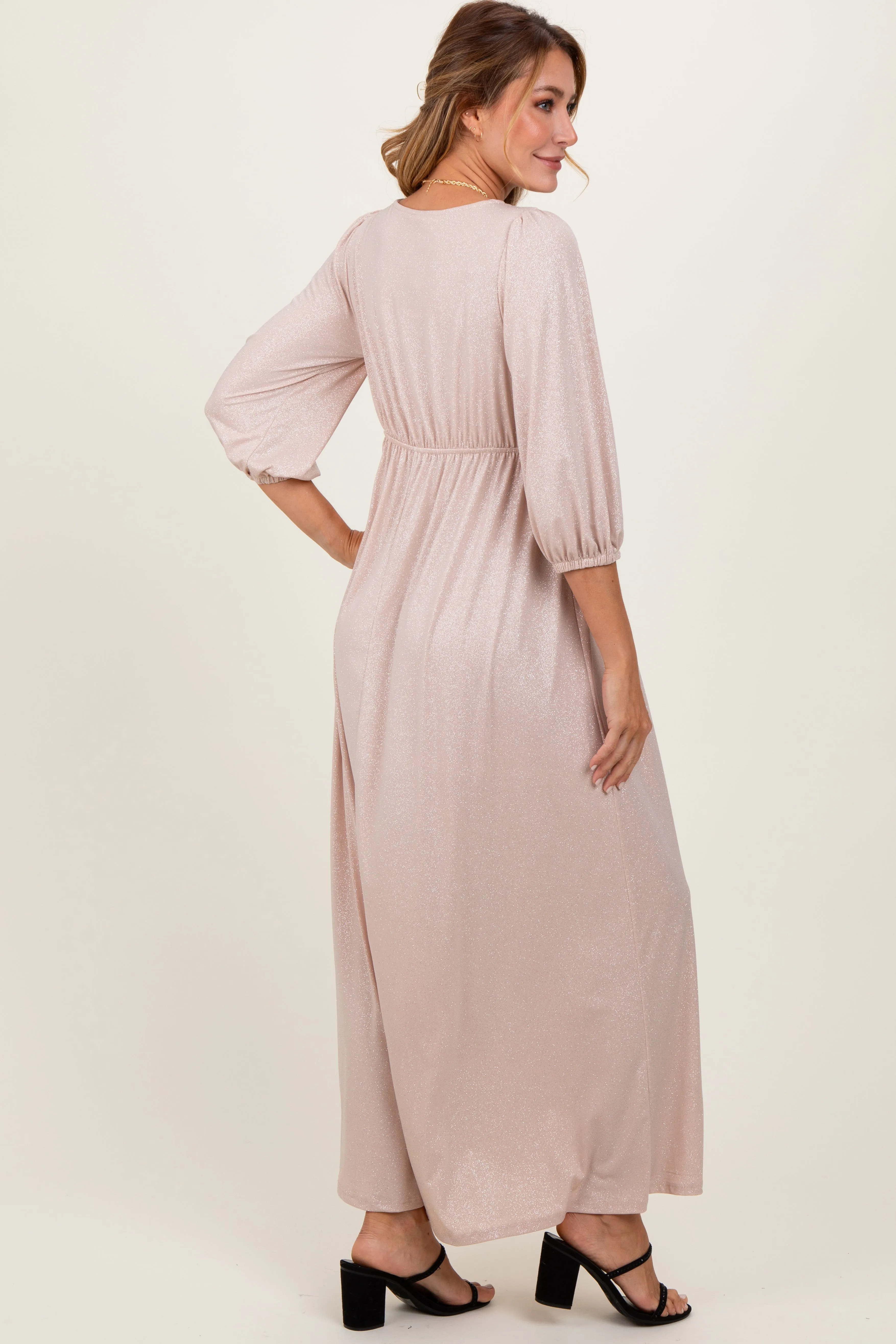 Beige Glitter V-Neck Maxi Dress sold by Pinkblush product image thumbnail 4