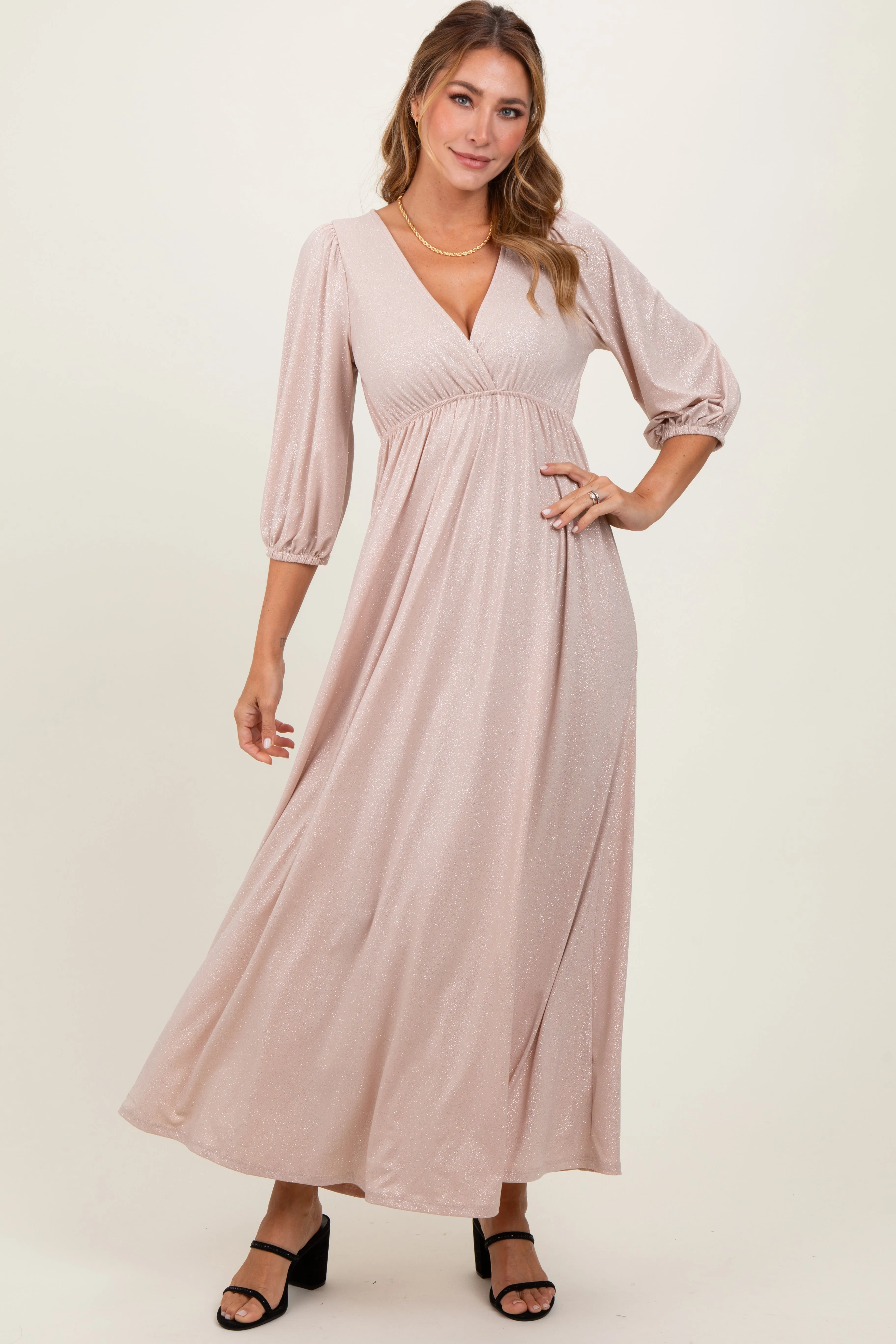 Beige Glitter V-Neck Maxi Dress sold by Pinkblush