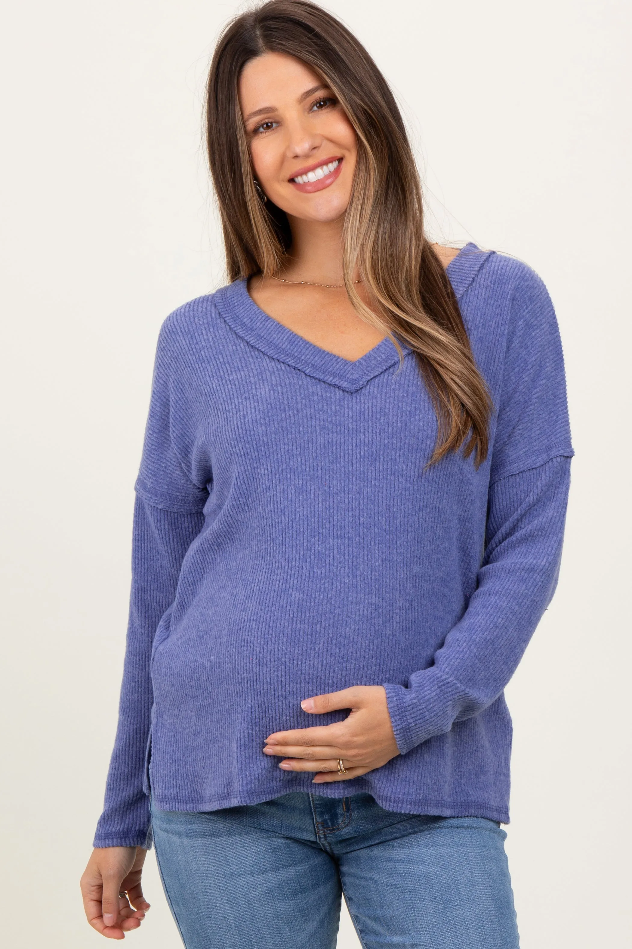 Blue Ribbed V-Neck Long Sleeve Maternity Top sold by Pinkblush