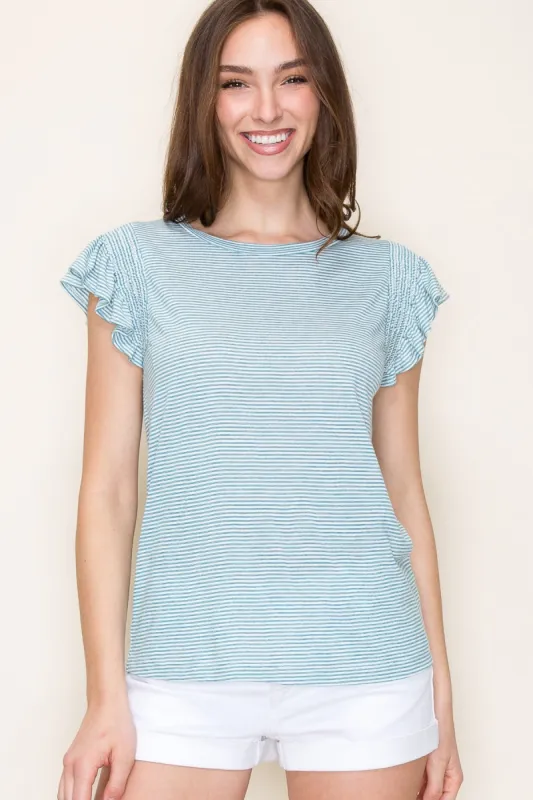 Teal Striped Ruffle Smocked Top sold by Pinkblush