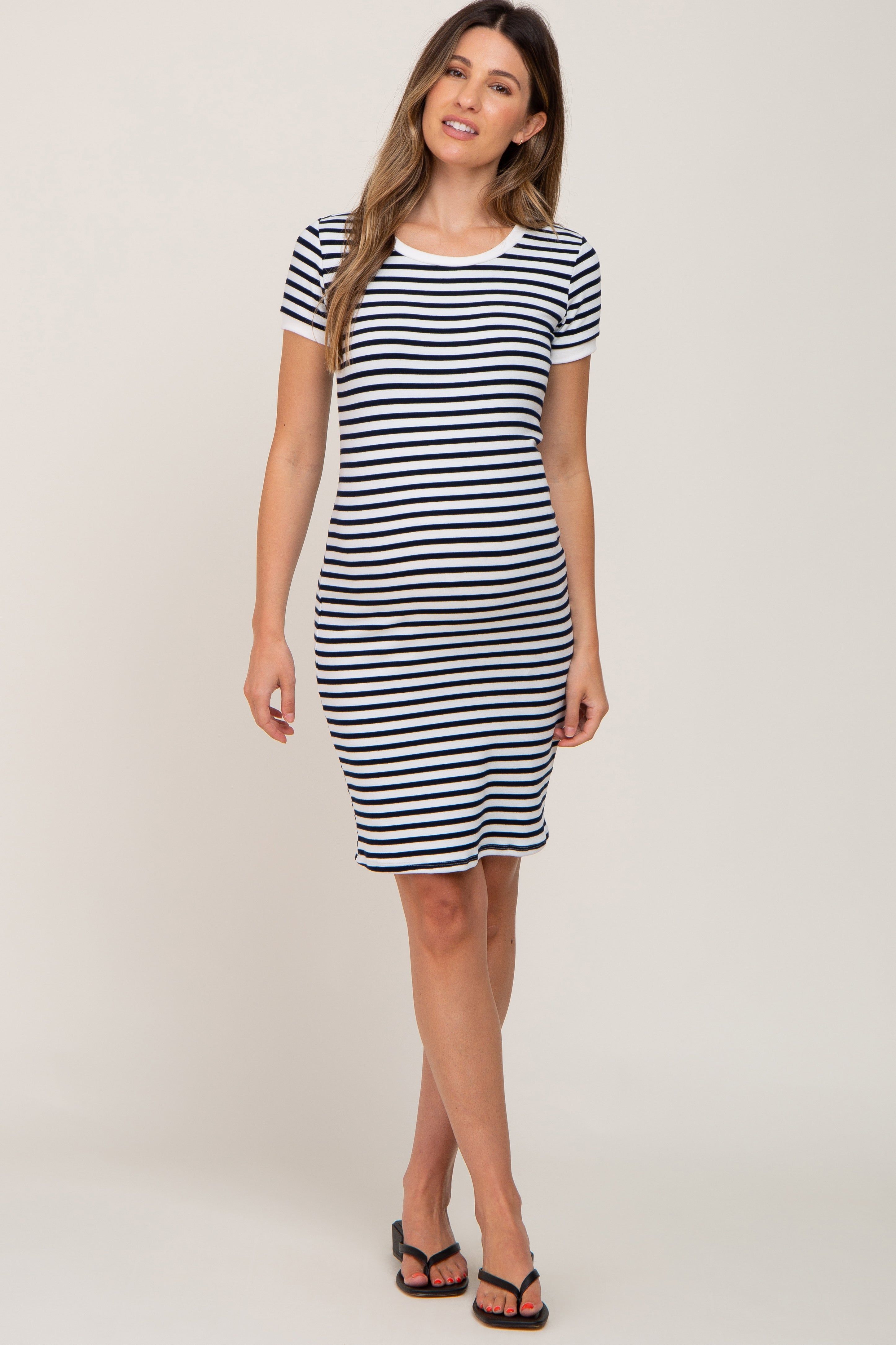 White Black Striped Fitted Maternity Dress sold by Pinkblush