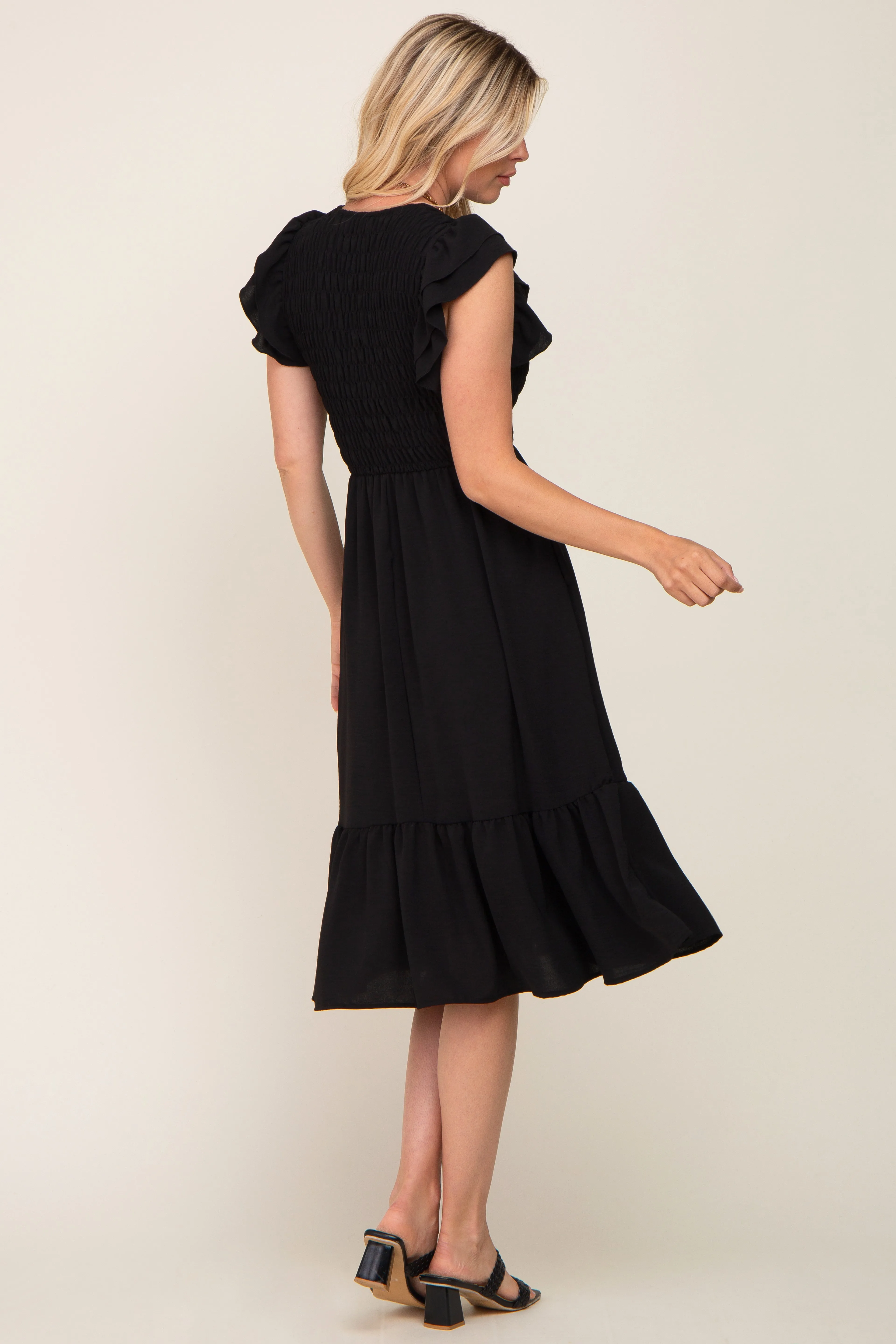 Black Smocked Layered Ruffle Flutter Sleeve Midi Dress sold by Pinkblush product image thumbnail 3