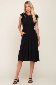 Black Smocked Layered Ruffle Flutter Sleeve Midi Dress sold by Pinkblush
