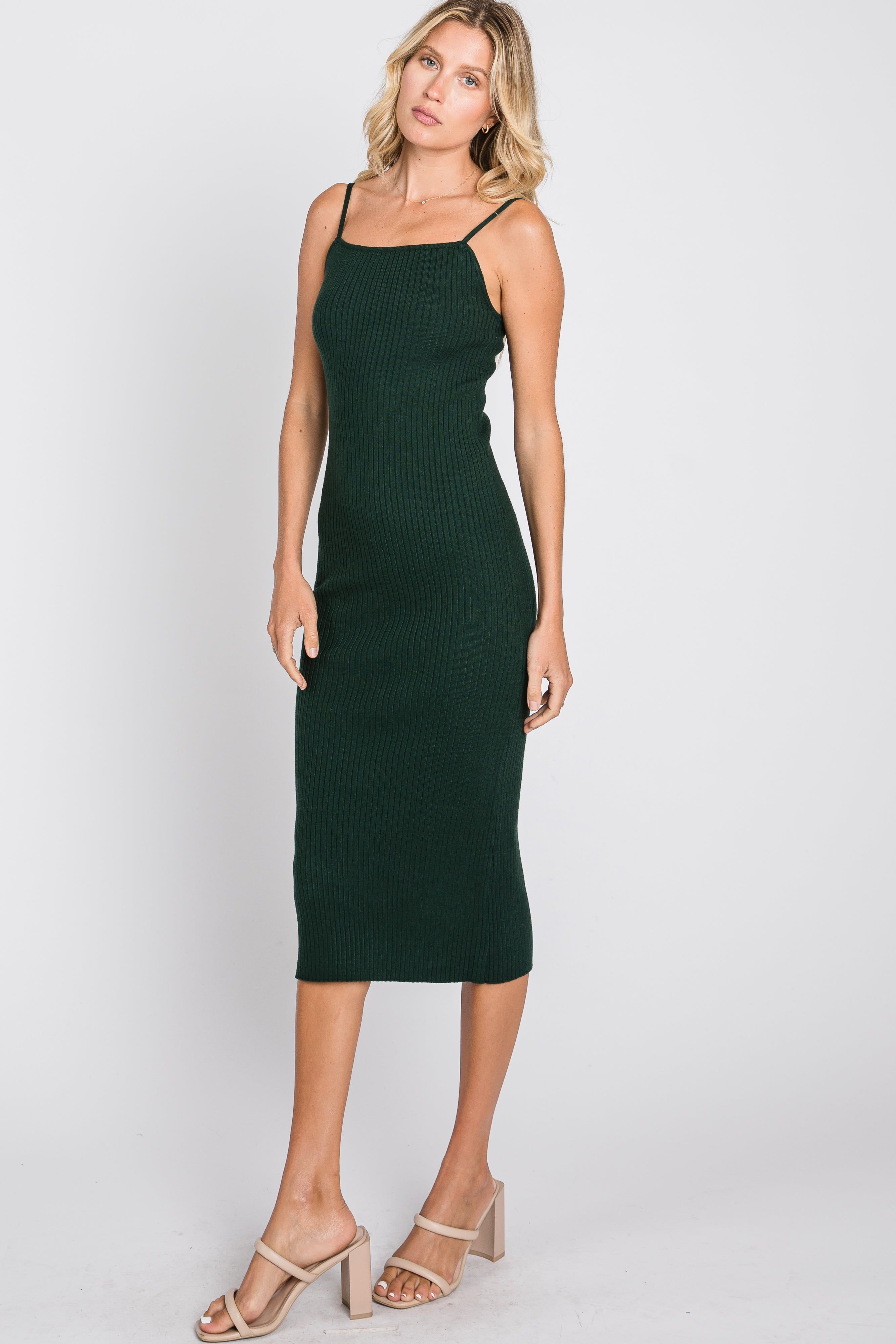 Forest Green Ribbed Square Neck Sleeveless Midi Dress sold by Pinkblush product image thumbnail 6