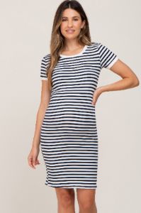 White Black Striped Fitted Maternity Dress sold by Pinkblush