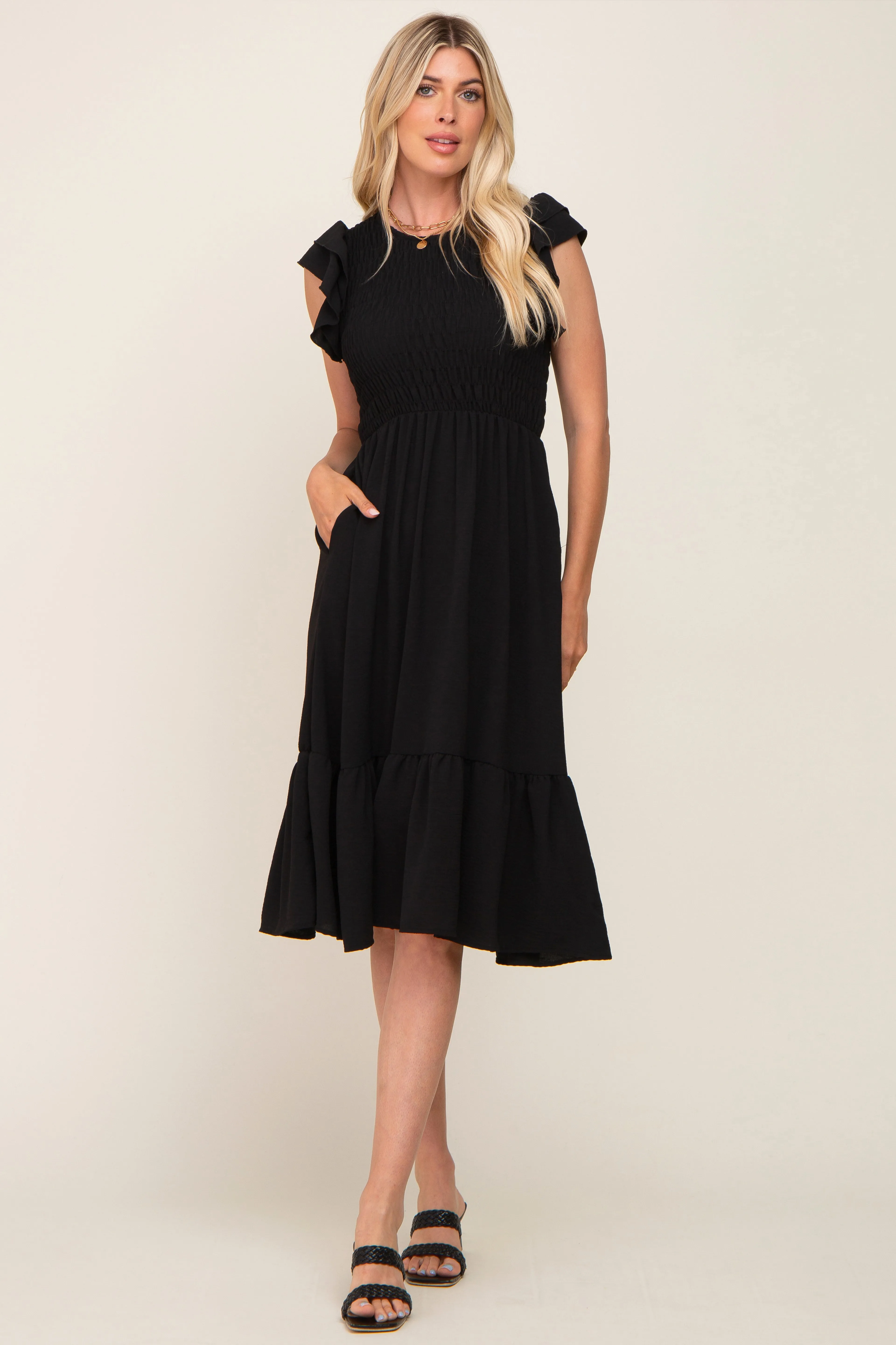 Black Smocked Layered Ruffle Flutter Sleeve Midi Dress sold by Pinkblush