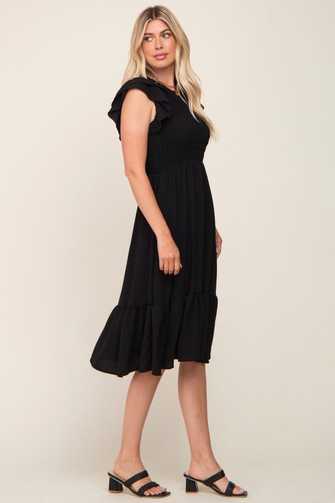 Black Smocked Layered Ruffle Flutter Sleeve Midi Dress sold by Pinkblush product image thumbnail 2