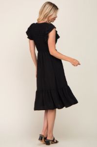 Black Smocked Layered Ruffle Flutter Sleeve Midi Dress sold by Pinkblush