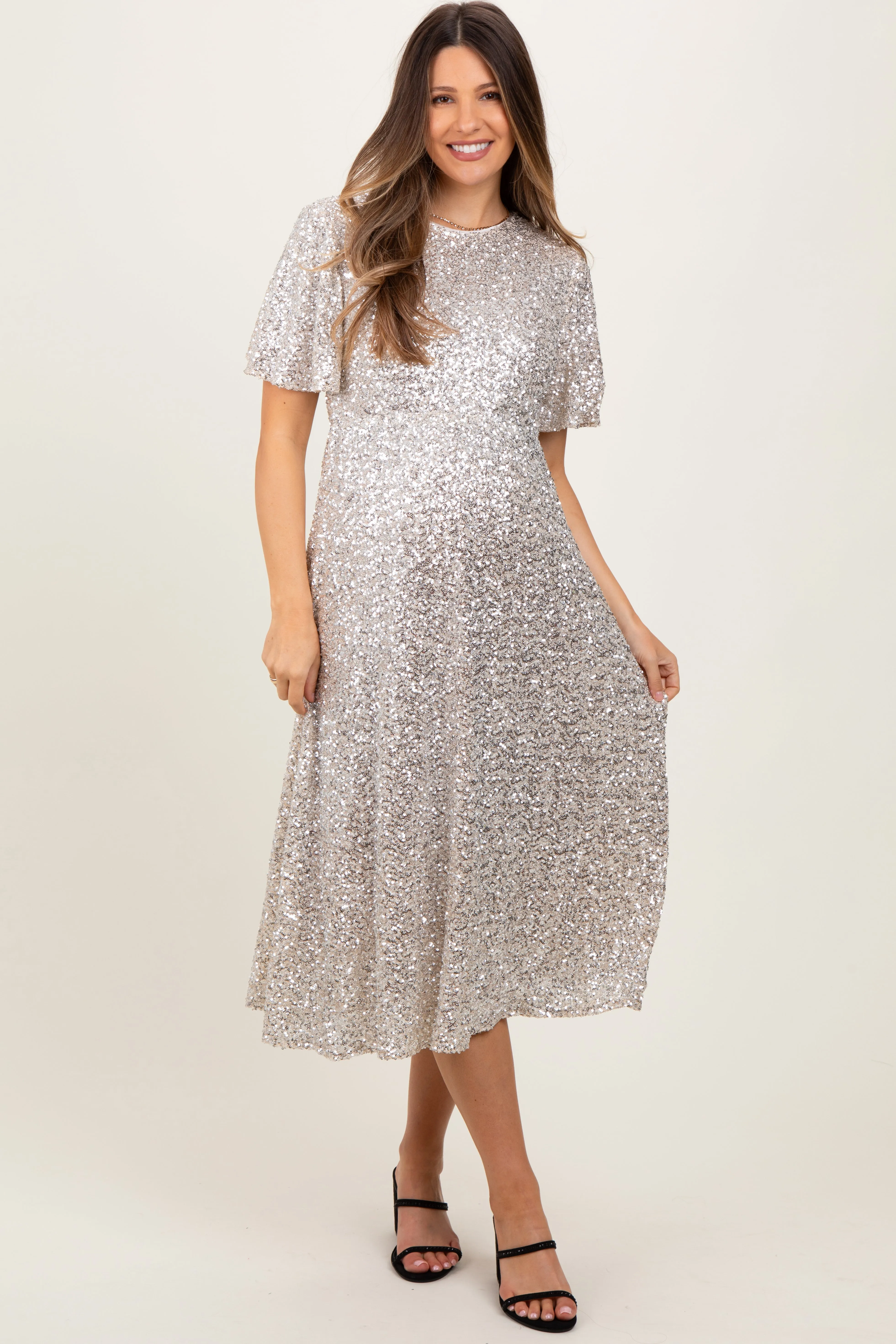 Gold Sequin Short Sleeve Maternity Midi Dress sold by Pinkblush