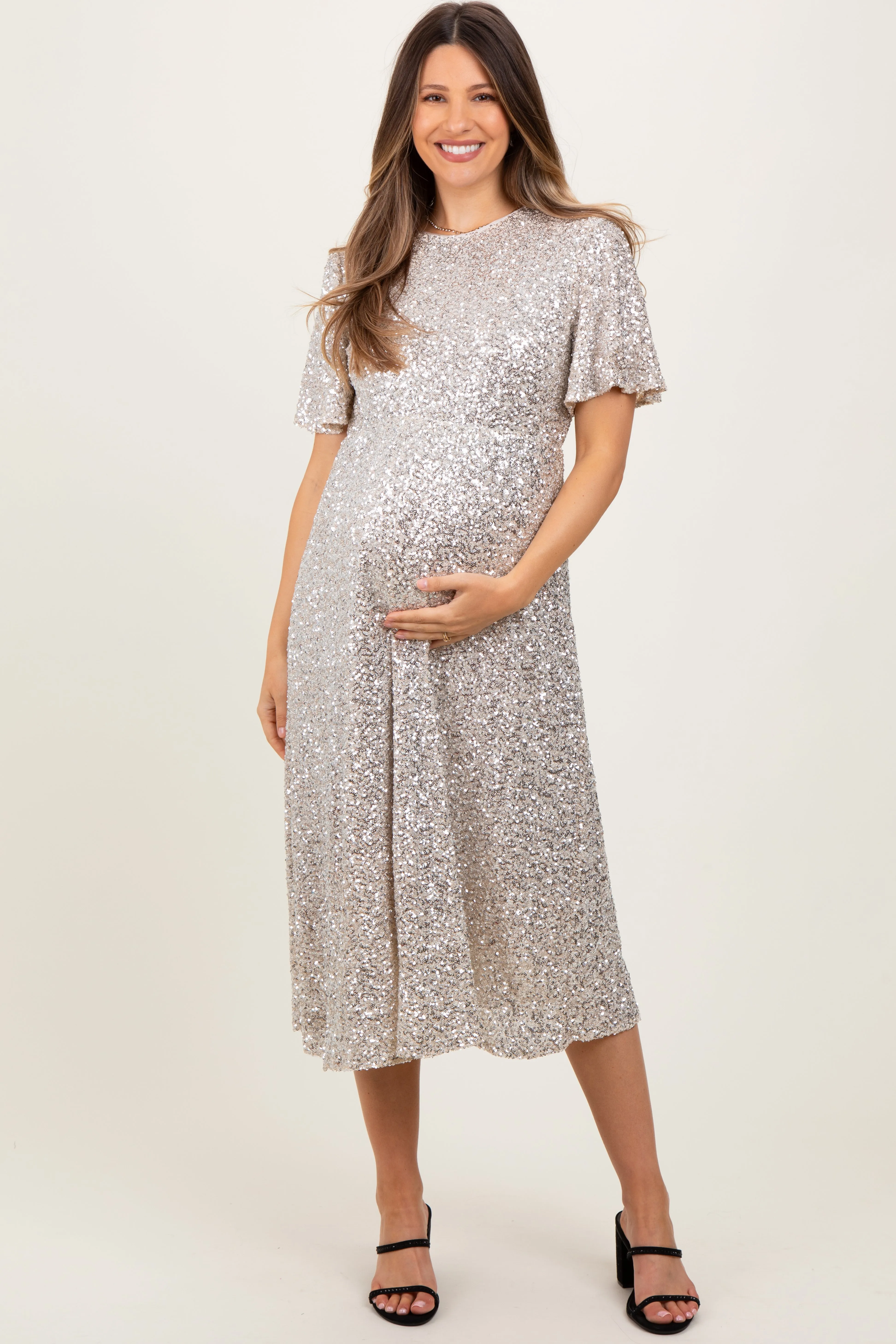 Gold Sequin Short Sleeve Maternity Midi Dress sold by Pinkblush product image thumbnail 2