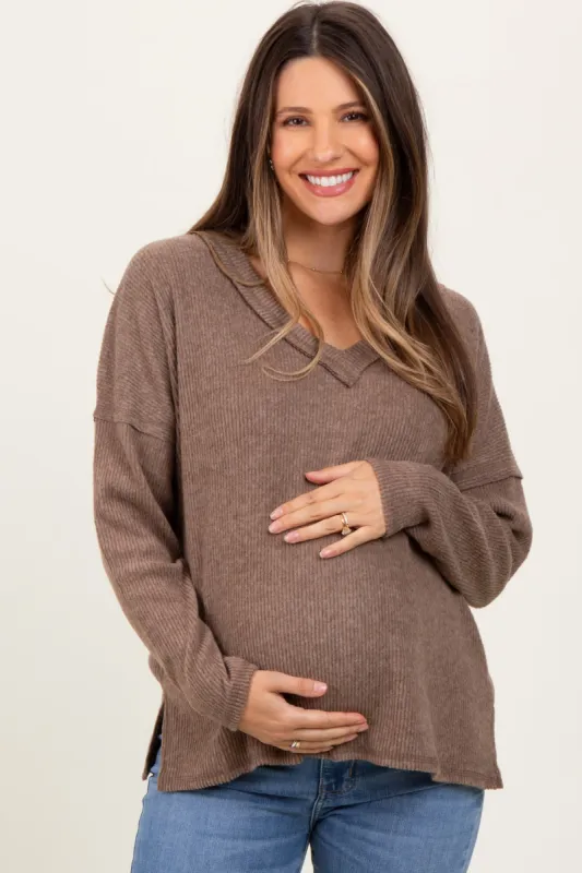 Mocha Ribbed V-Neck Long Sleeve Maternity Top sold by Pinkblush