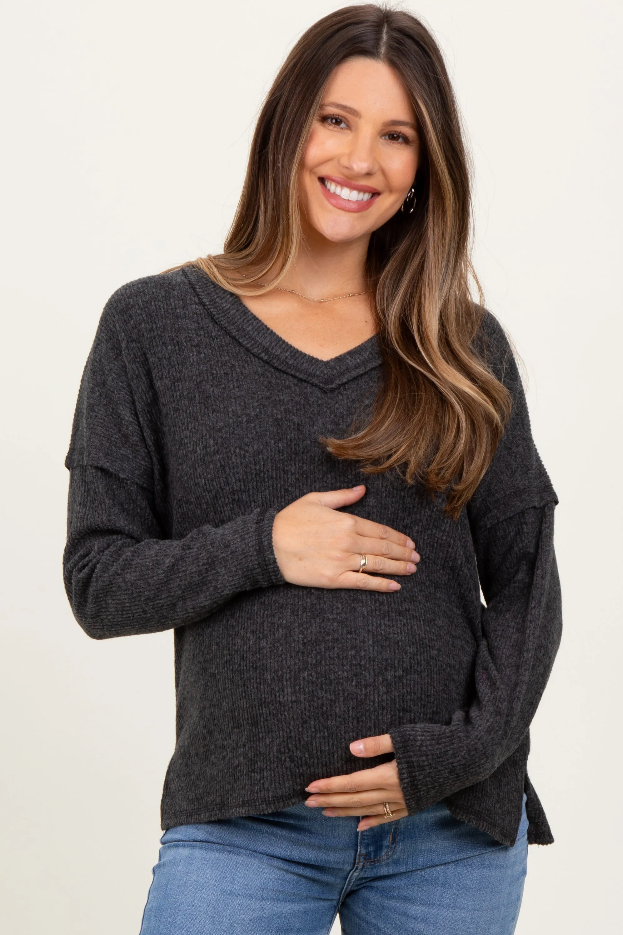 Black Ribbed V-Neck Long Sleeve Maternity Top sold by Pinkblush