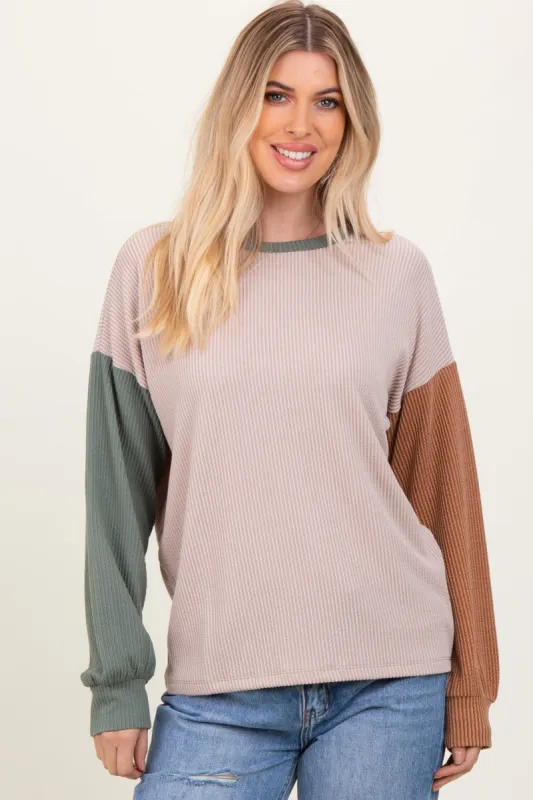 Beige Ribbed Colorblock Sleeve Long Sleeve Top sold by Pinkblush