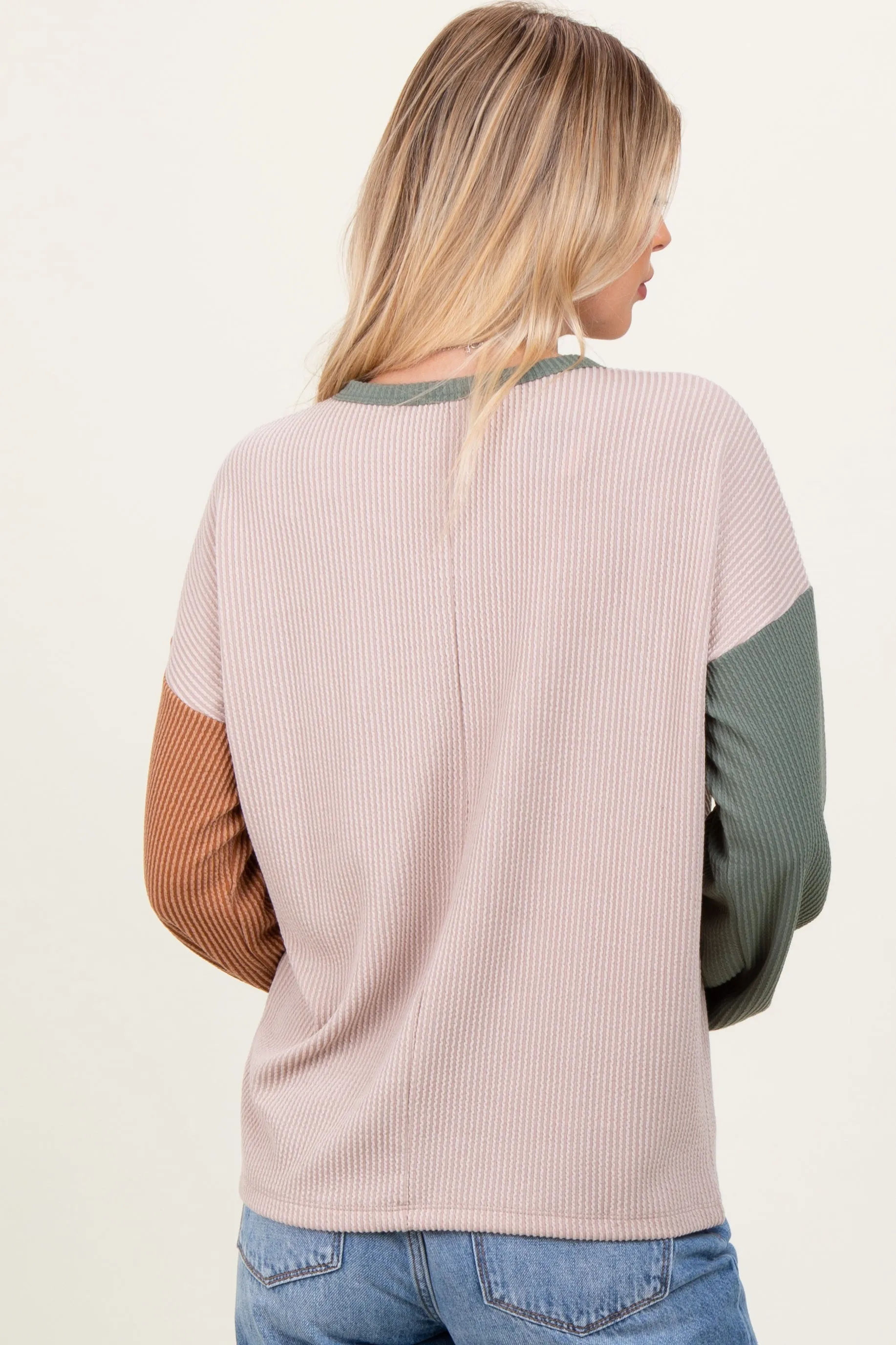 Beige Ribbed Colorblock Sleeve Long Sleeve Top sold by Pinkblush product image thumbnail 4