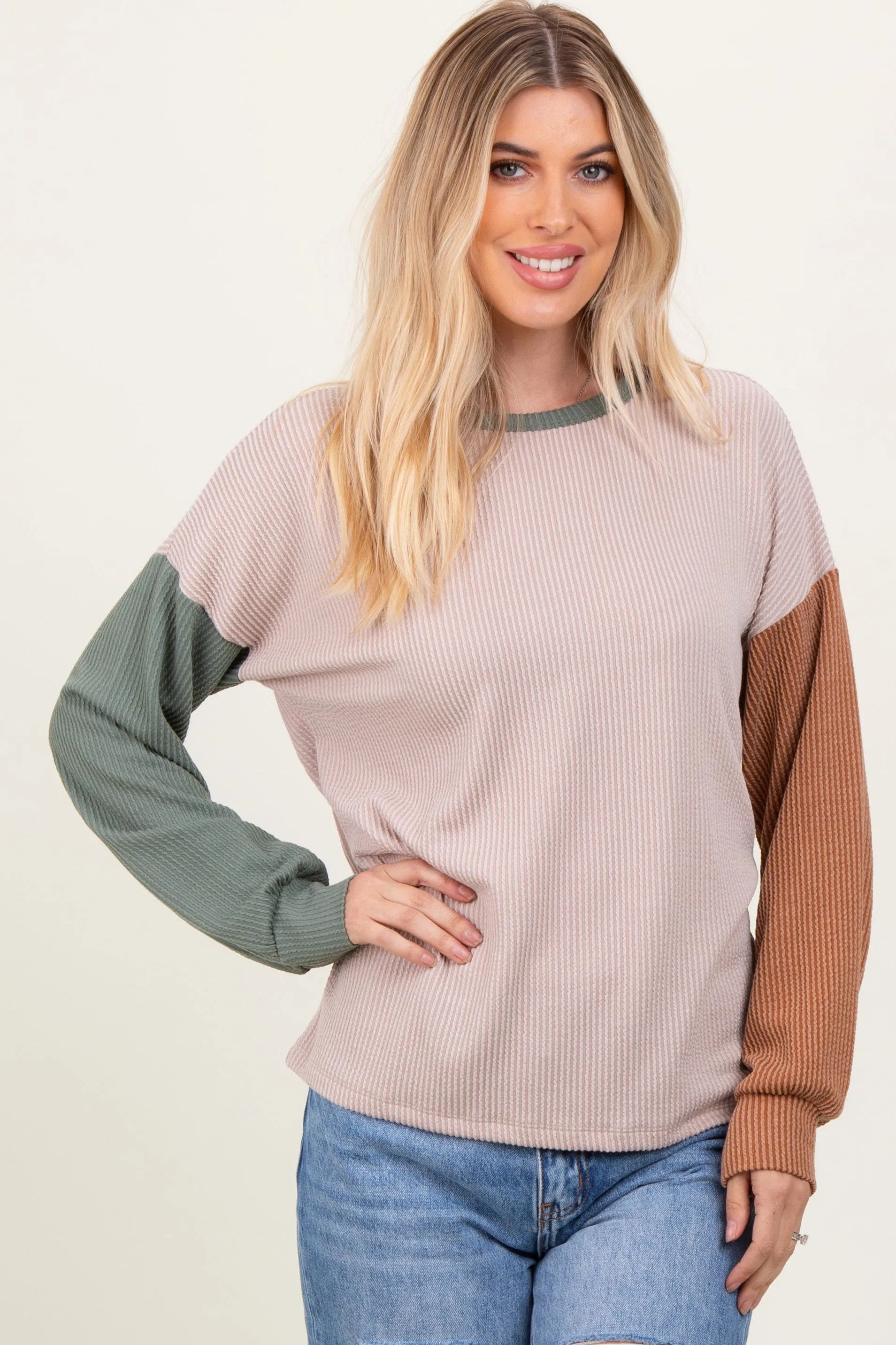 Beige Ribbed Colorblock Sleeve Long Sleeve Top sold by Pinkblush product image thumbnail 2