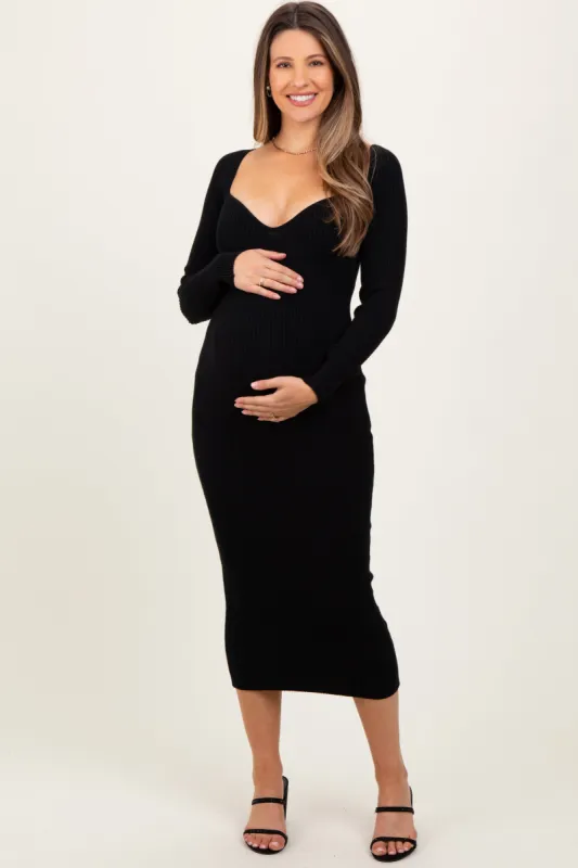 Black Deep V-Neck Maternity Midi Sweater Dress sold by Pinkblush