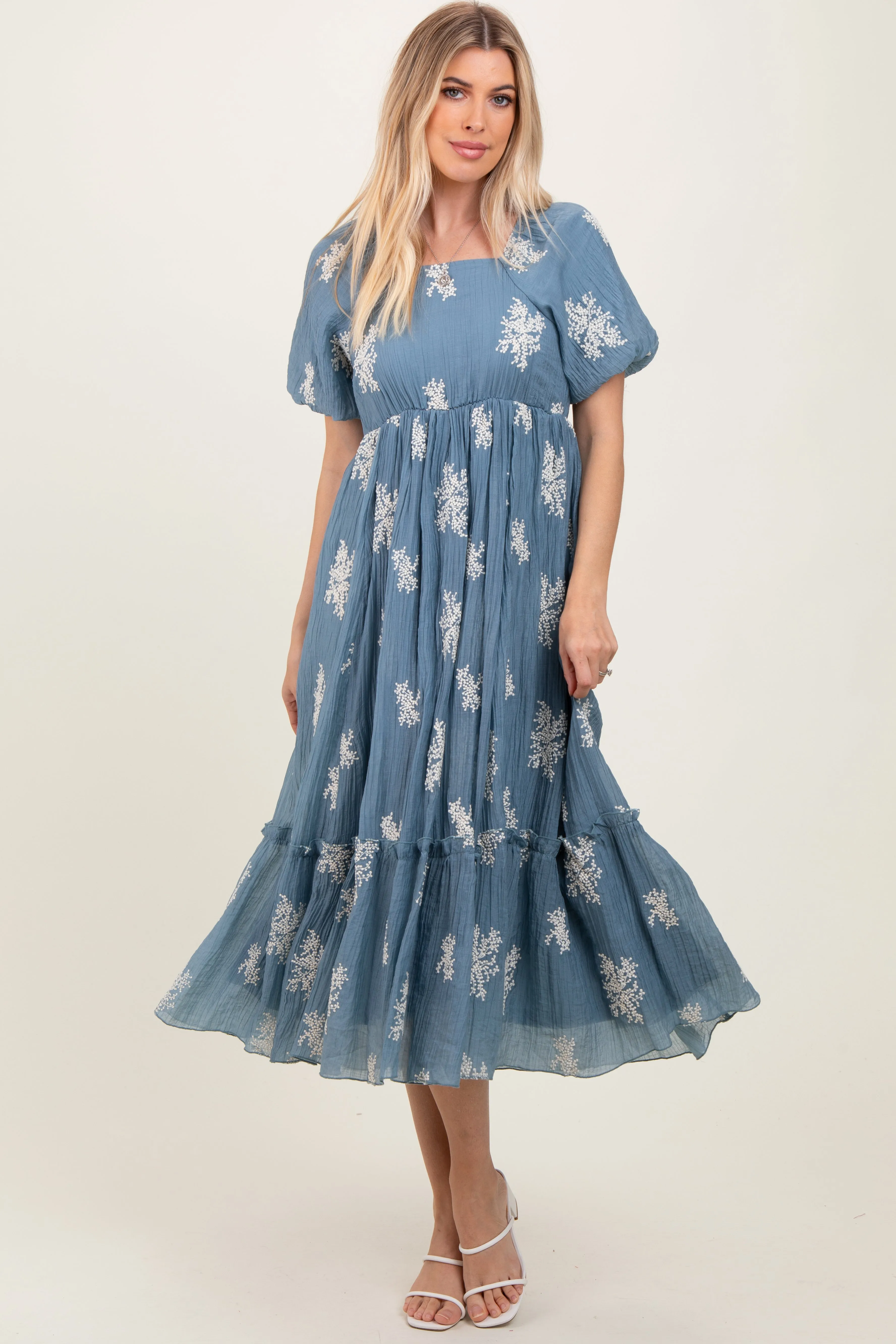 Blue Floral Print Ruffle Hem Midi Dress sold by Pinkblush