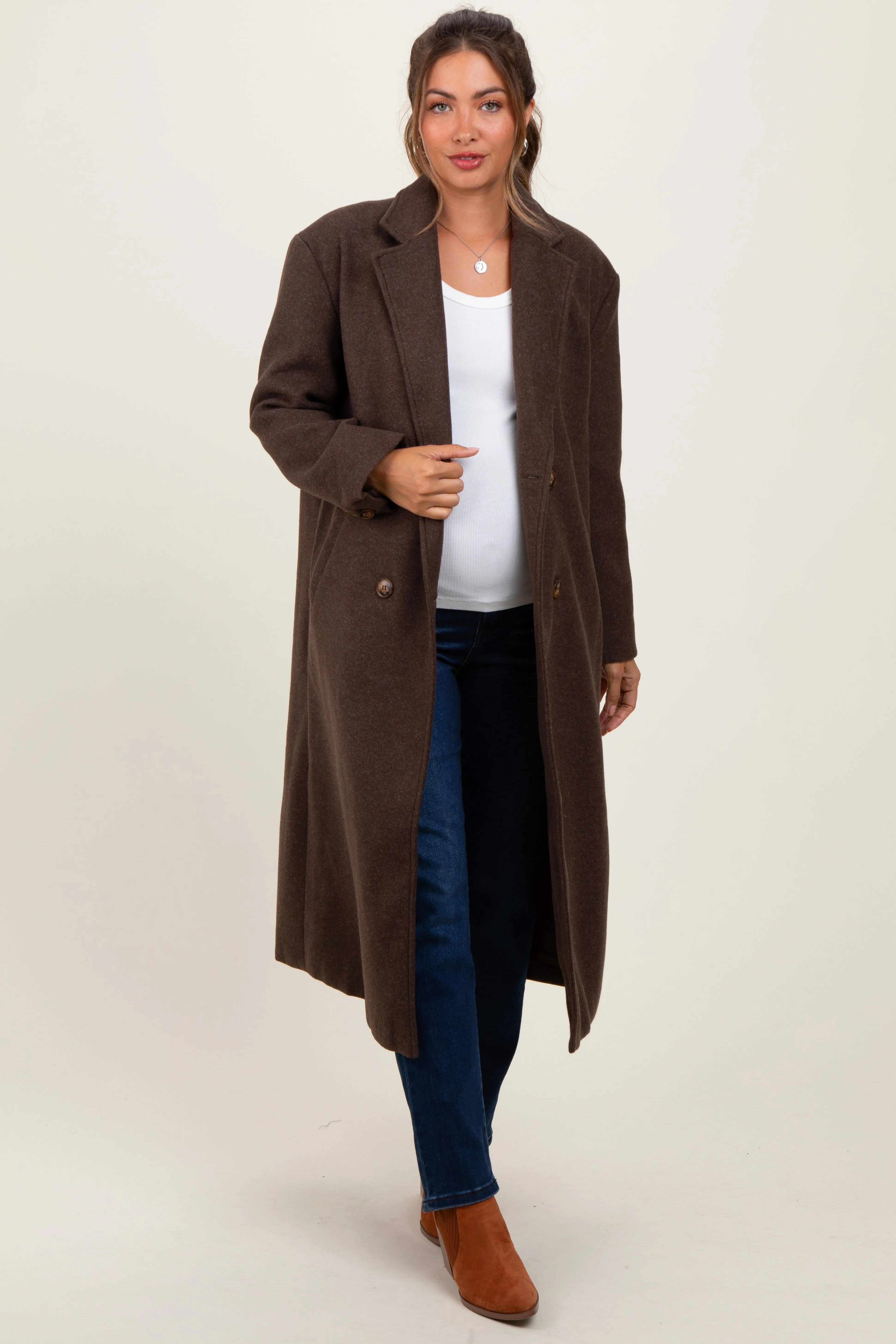 Brown Felted Double Breasted Lapel Maternity Button Coat sold by Pinkblush