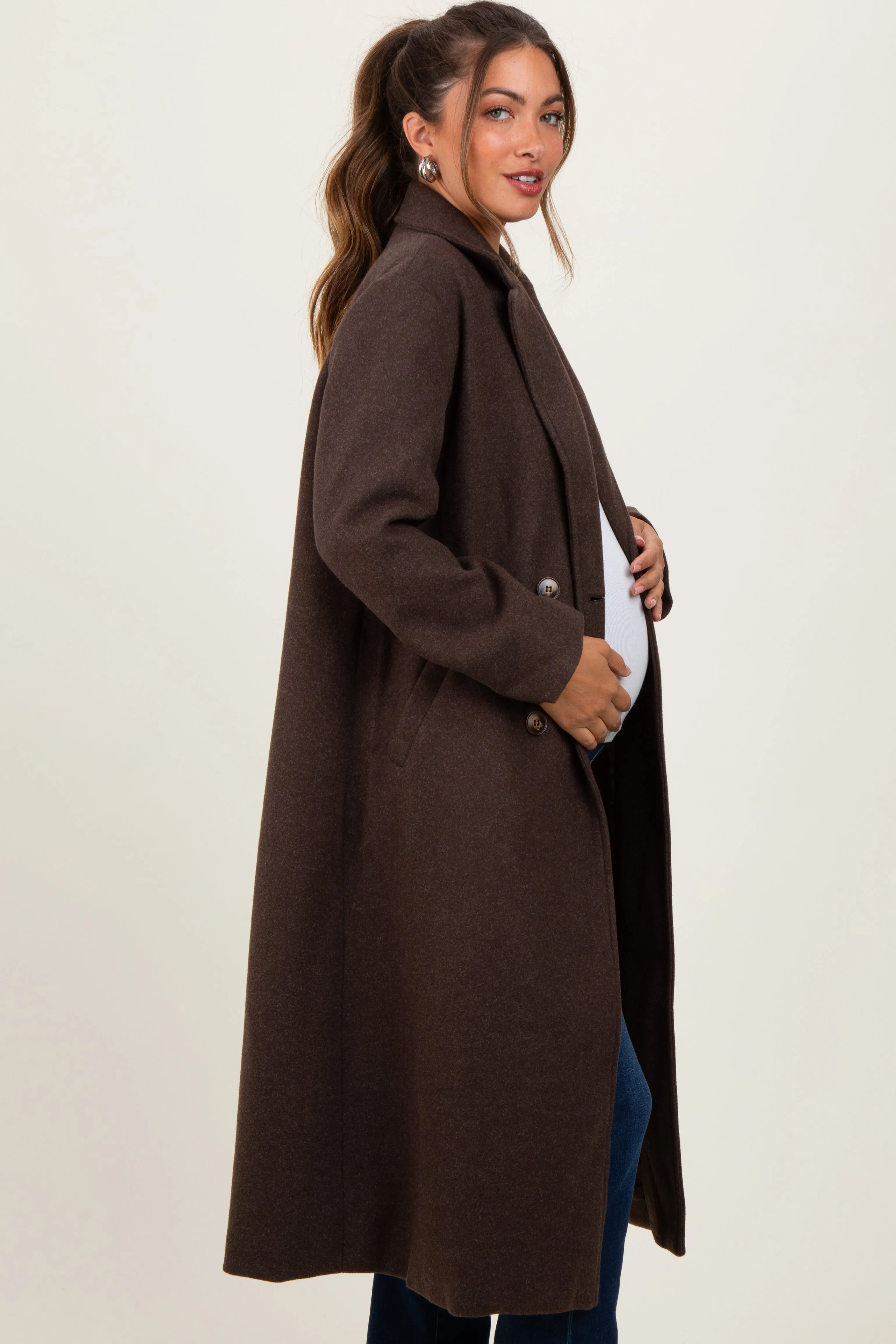 Brown Felted Double Breasted Lapel Maternity Button Coat sold by Pinkblush product image thumbnail 2