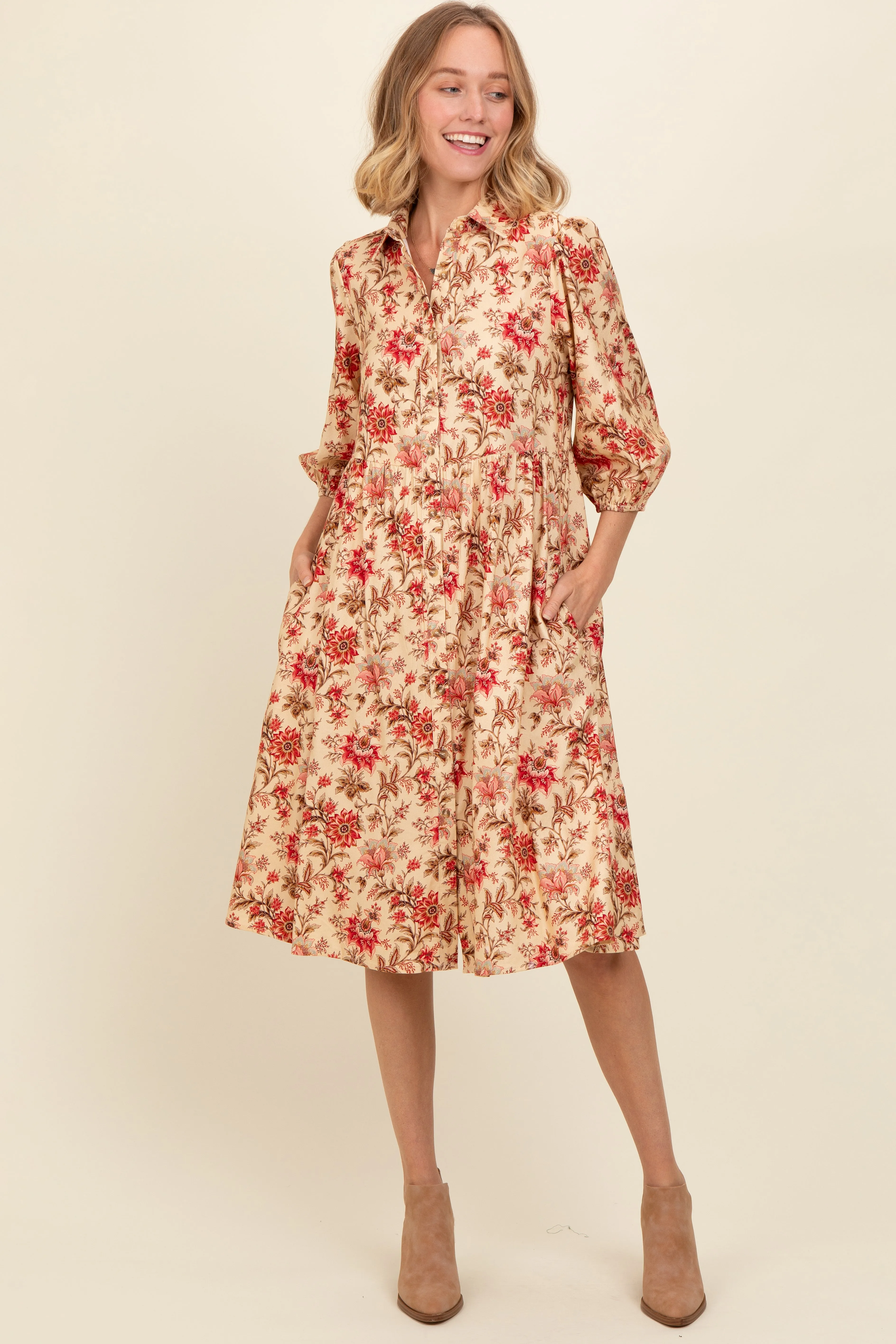 Cream Floral Button Down Midi Dress sold by Pinkblush