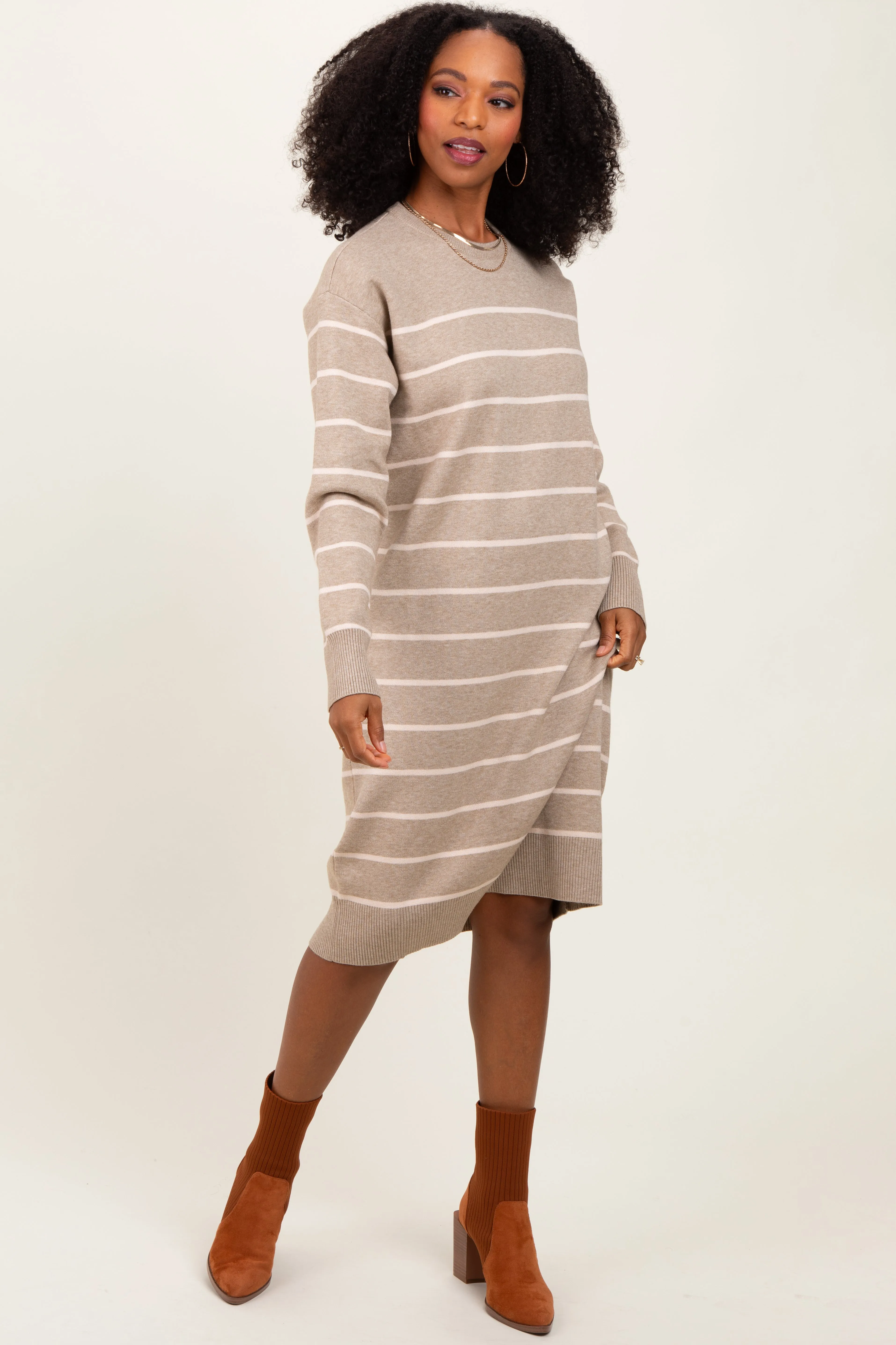 Beige Striped Midi Sweater Dress sold by Pinkblush