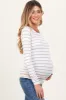 White Striped Ruched Side Maternity Long Sleeve Top sold by Pinkblush