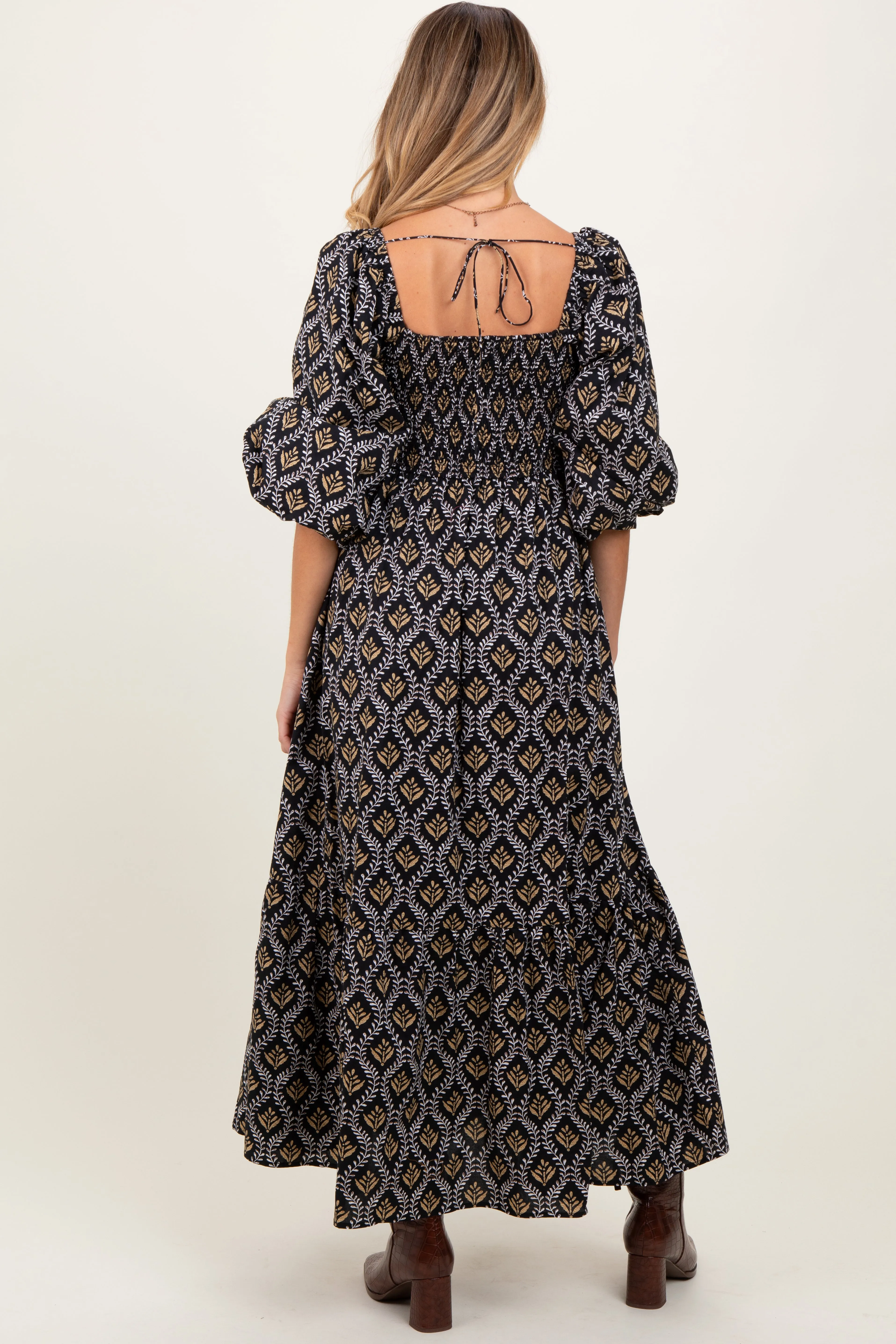 Black Damask Print Smocked Maternity Maxi Dress sold by Pinkblush product image thumbnail 4
