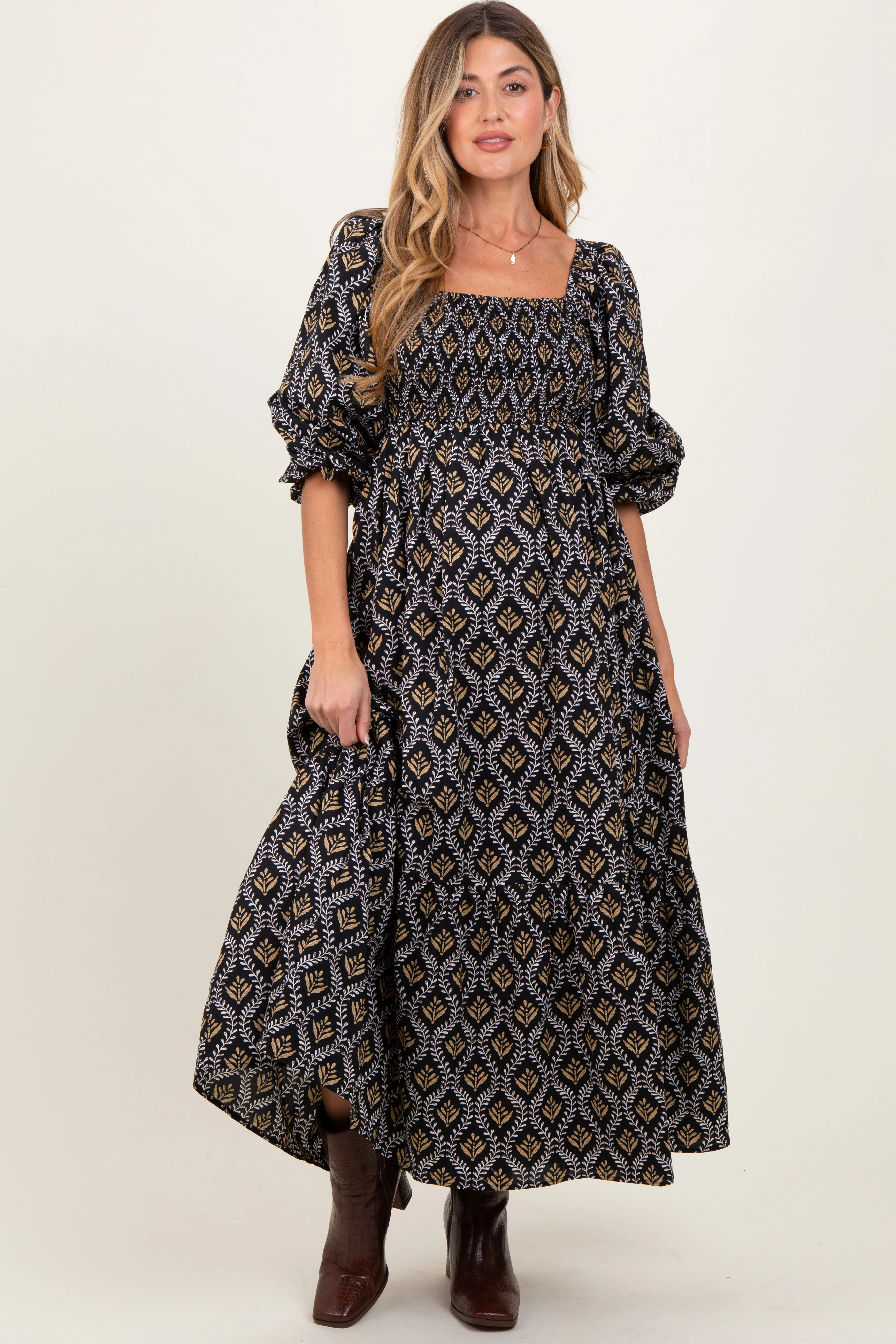 Black Damask Print Smocked Maternity Maxi Dress sold by Pinkblush