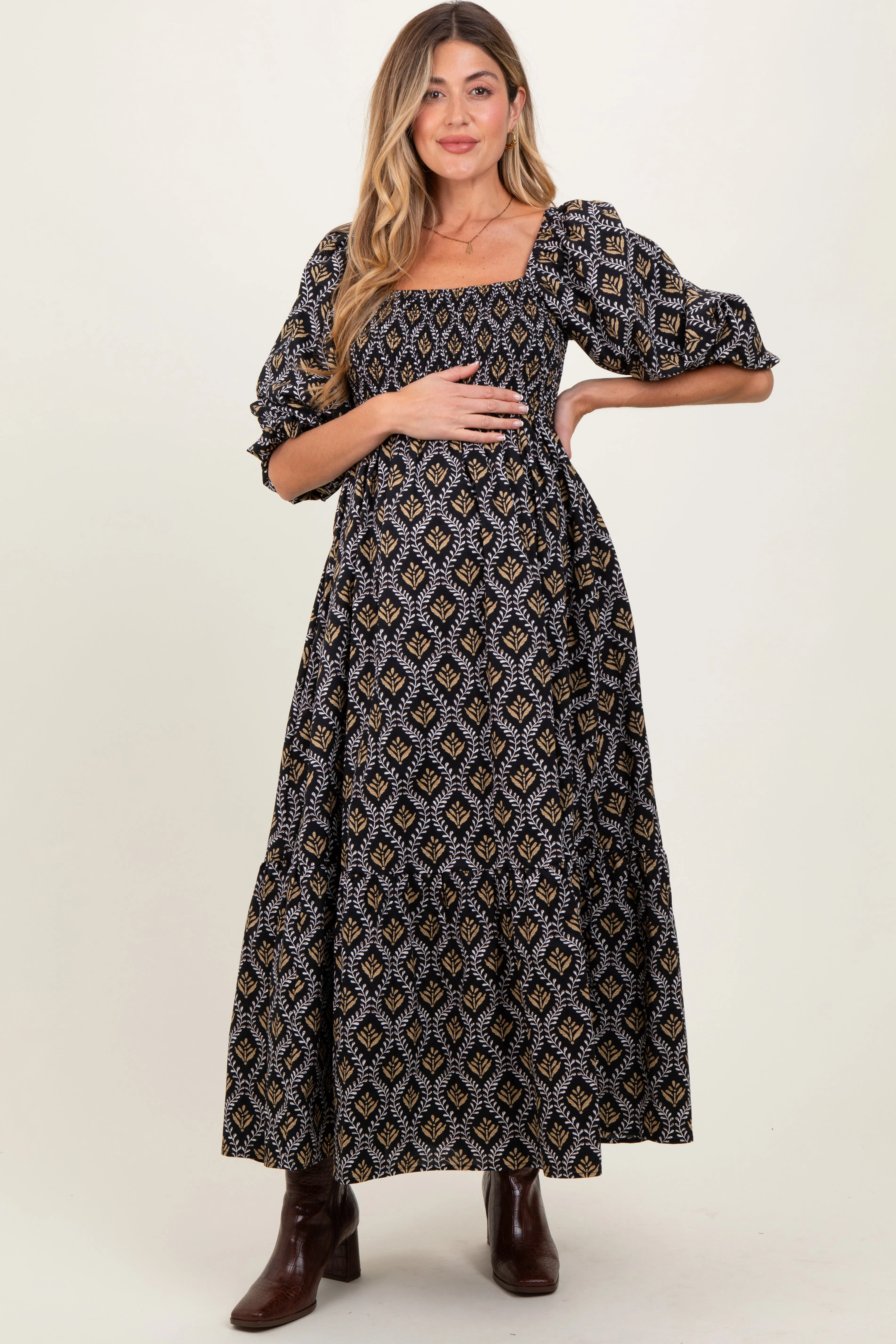 Black Damask Print Smocked Maternity Maxi Dress sold by Pinkblush product image thumbnail 2