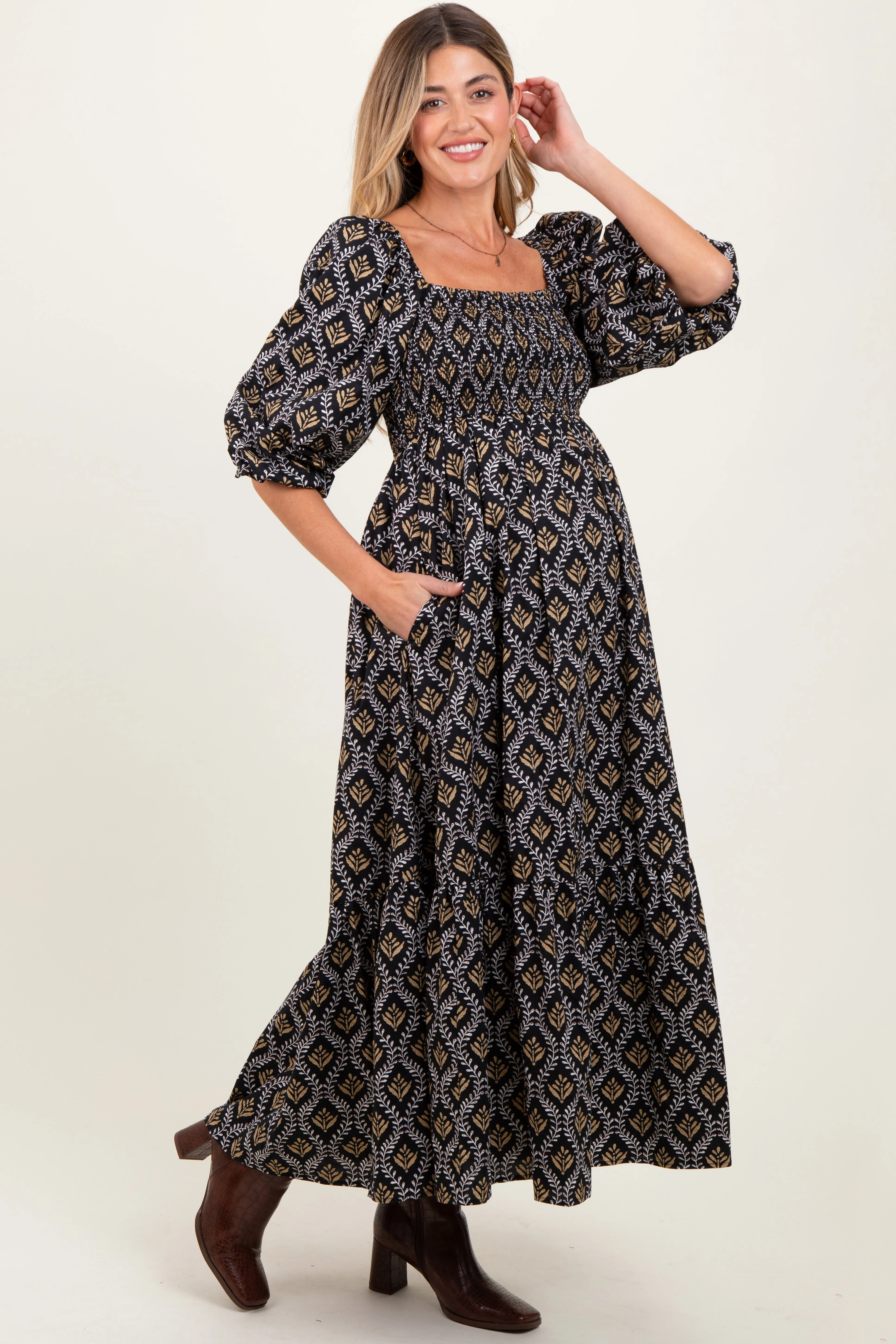 Black Damask Print Smocked Maternity Maxi Dress sold by Pinkblush product image thumbnail 3