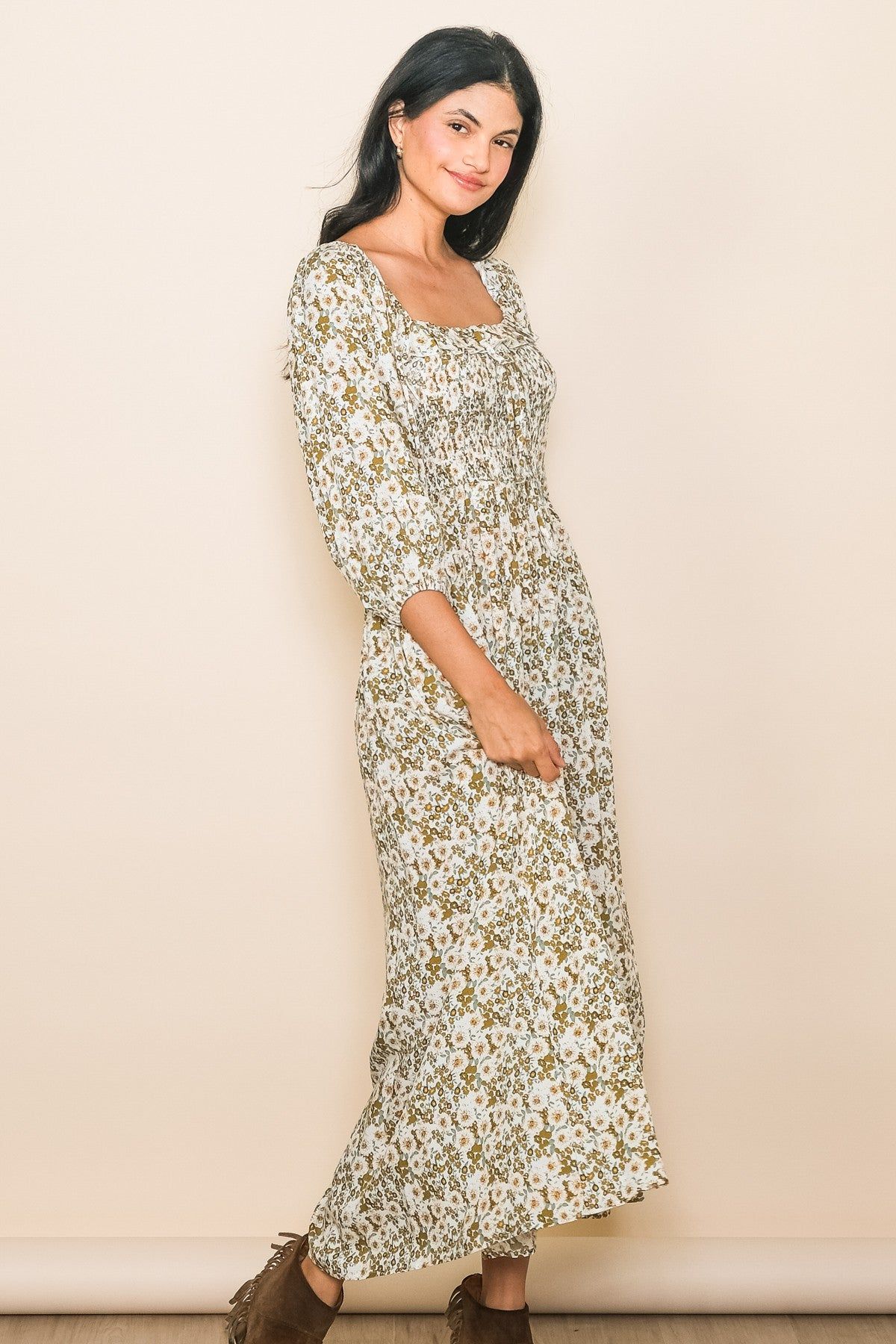 Light Olive Floral Smocked Bodice Maxi Dress sold by Pinkblush product image thumbnail 2
