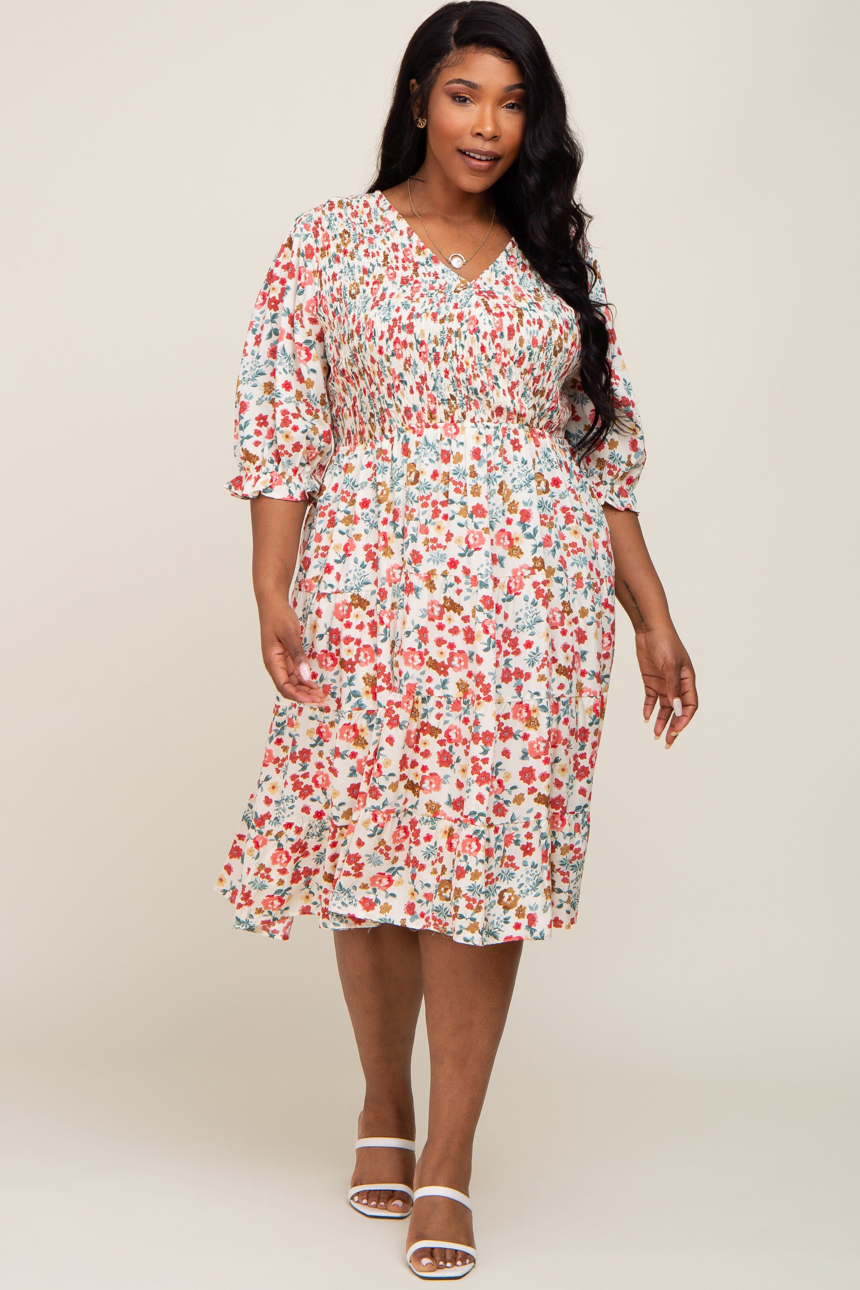Ivory Floral Smocked Tiered Ruffle Plus Dress sold by Pinkblush product image thumbnail 4
