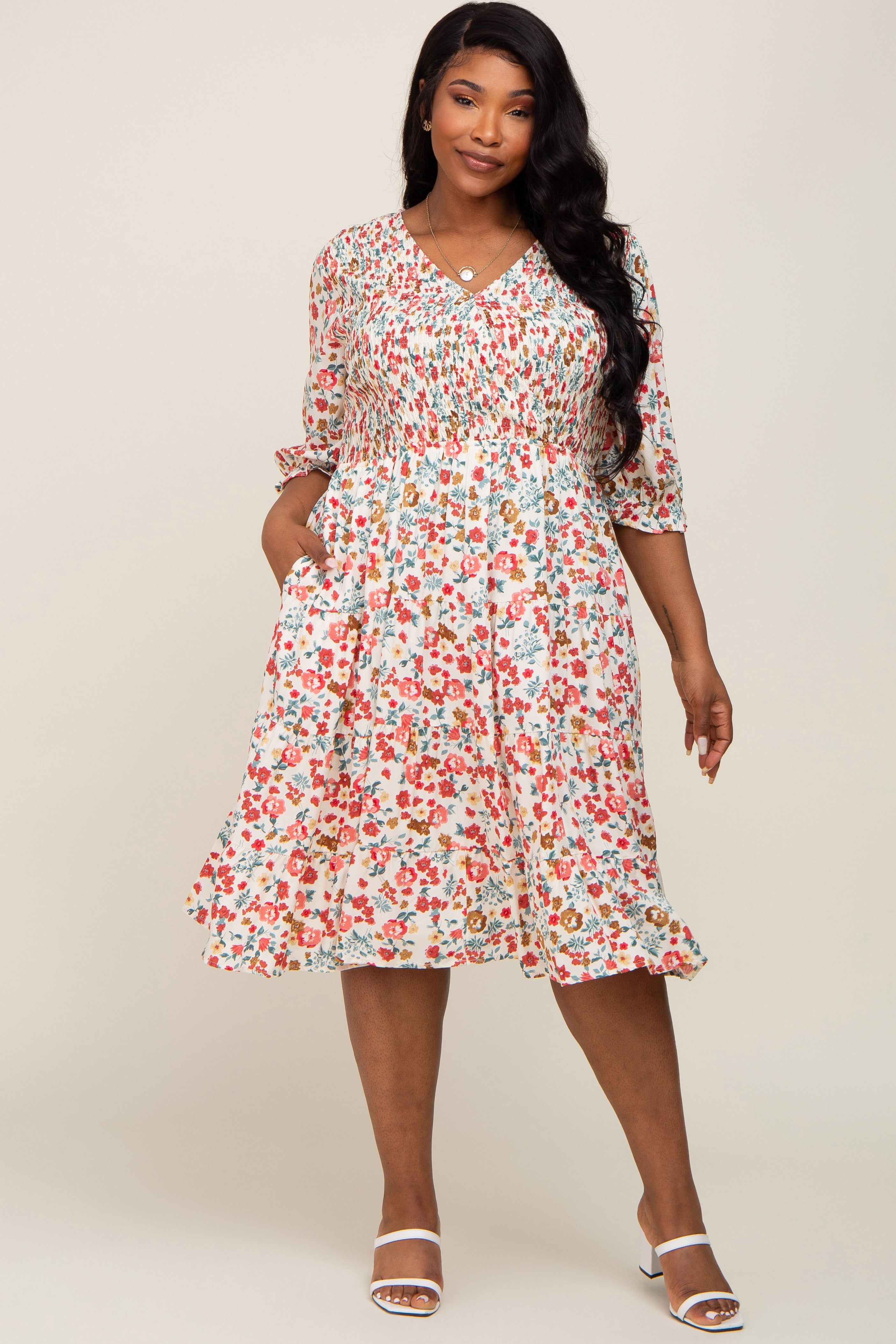 Ivory Floral Smocked Tiered Ruffle Plus Dress sold by Pinkblush