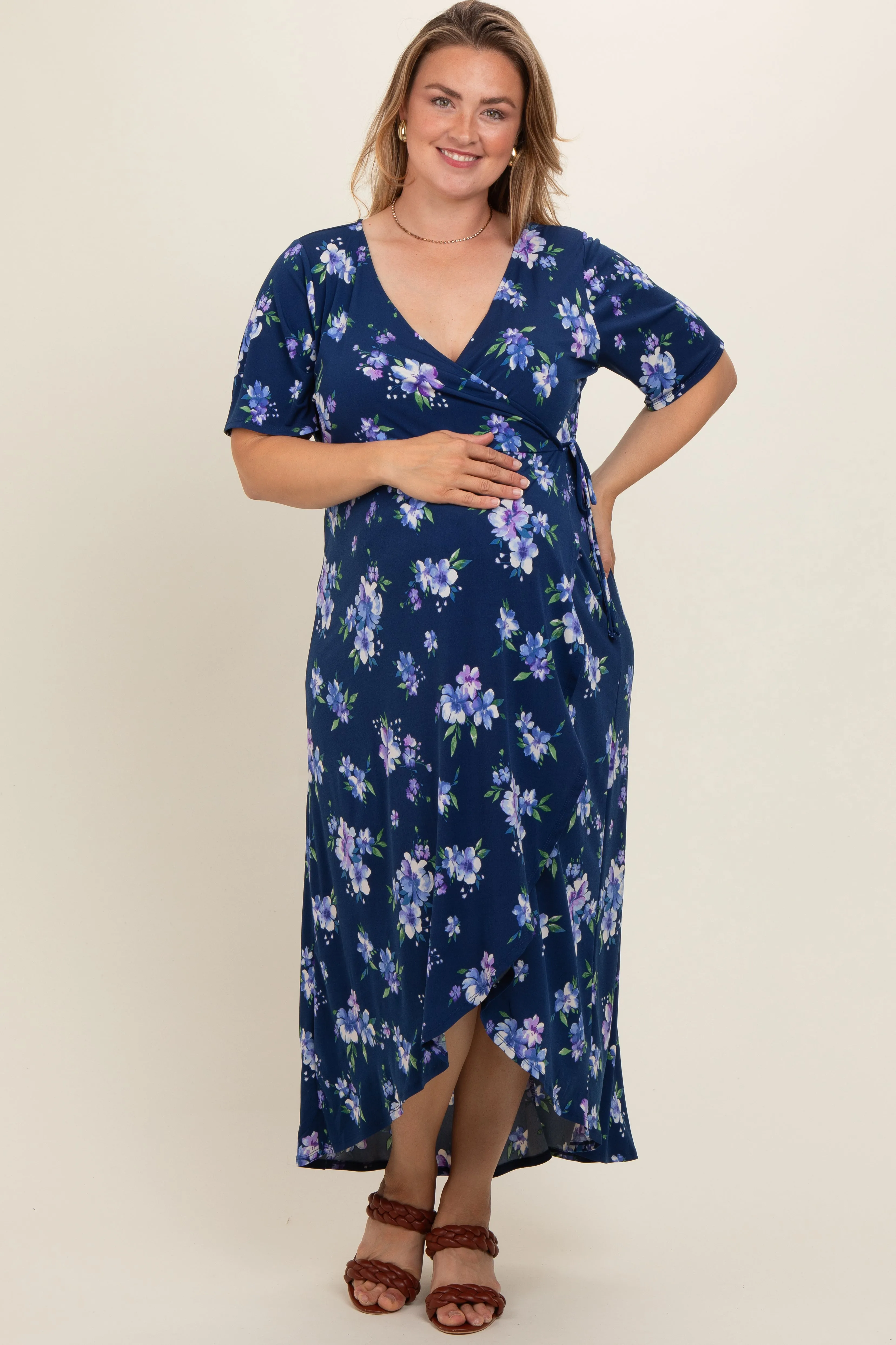 Navy Floral Short Sleeve Maternity Plus Warp Dress sold by Pinkblush product image thumbnail 2