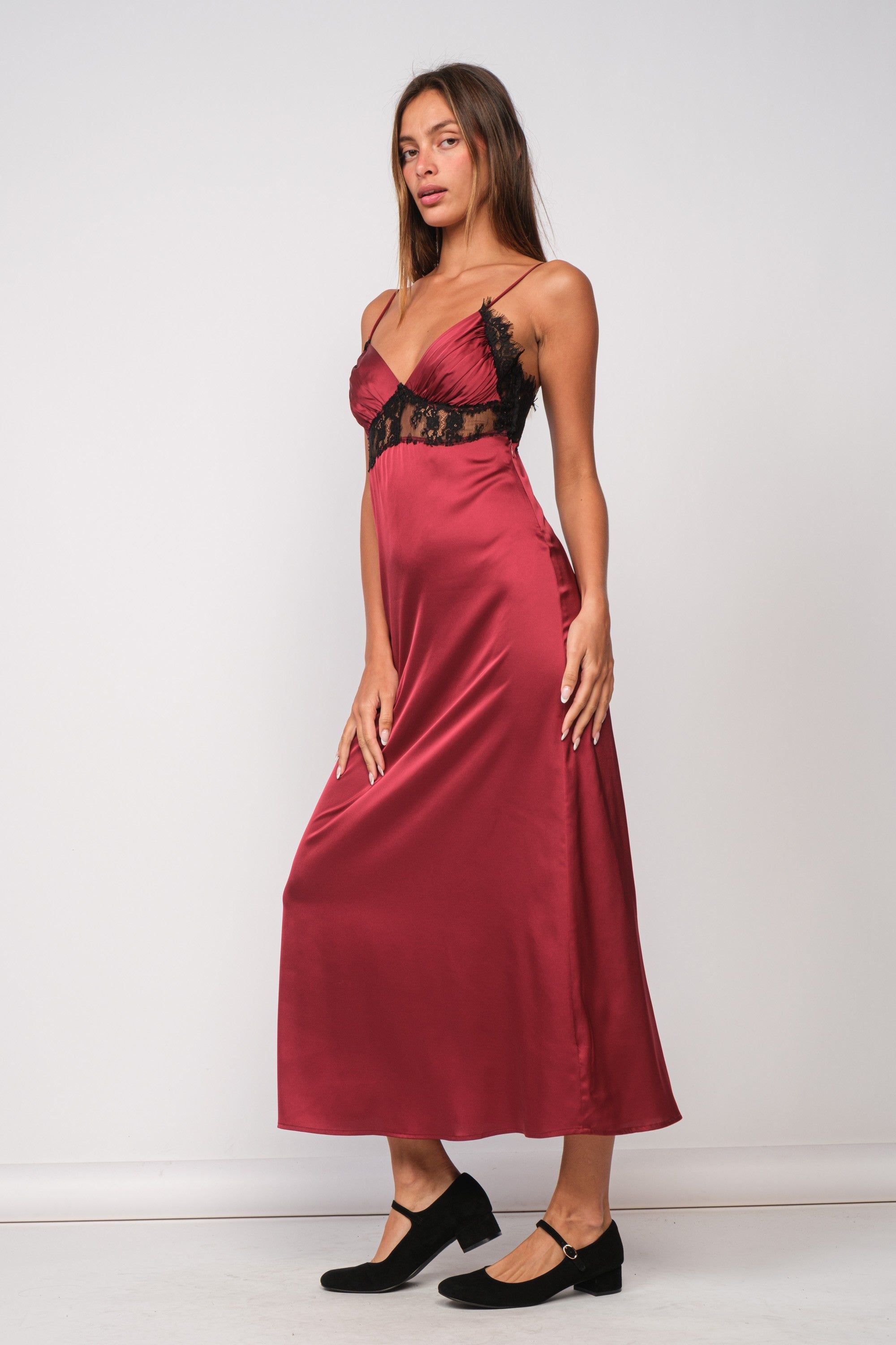 Burgundy Satin Lace Midi Dress sold by Pinkblush product image thumbnail 2