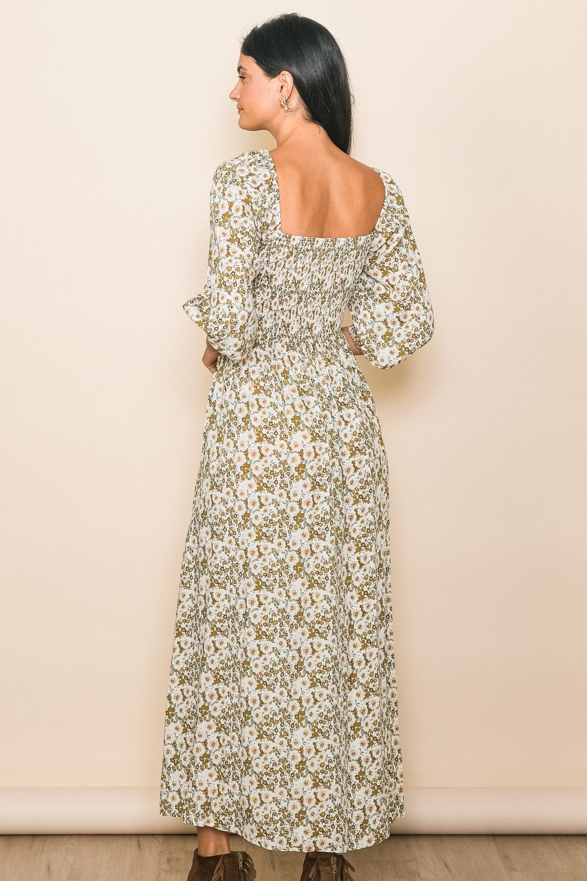 Light Olive Floral Smocked Bodice Maxi Dress sold by Pinkblush product image thumbnail 3