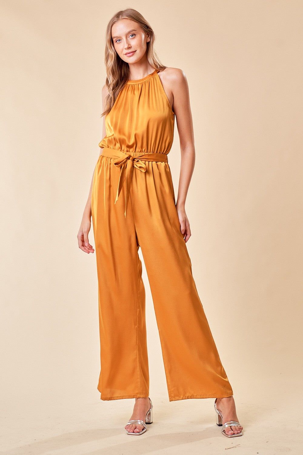 Golden Halter Neck Jumpsuit sold by Pinkblush