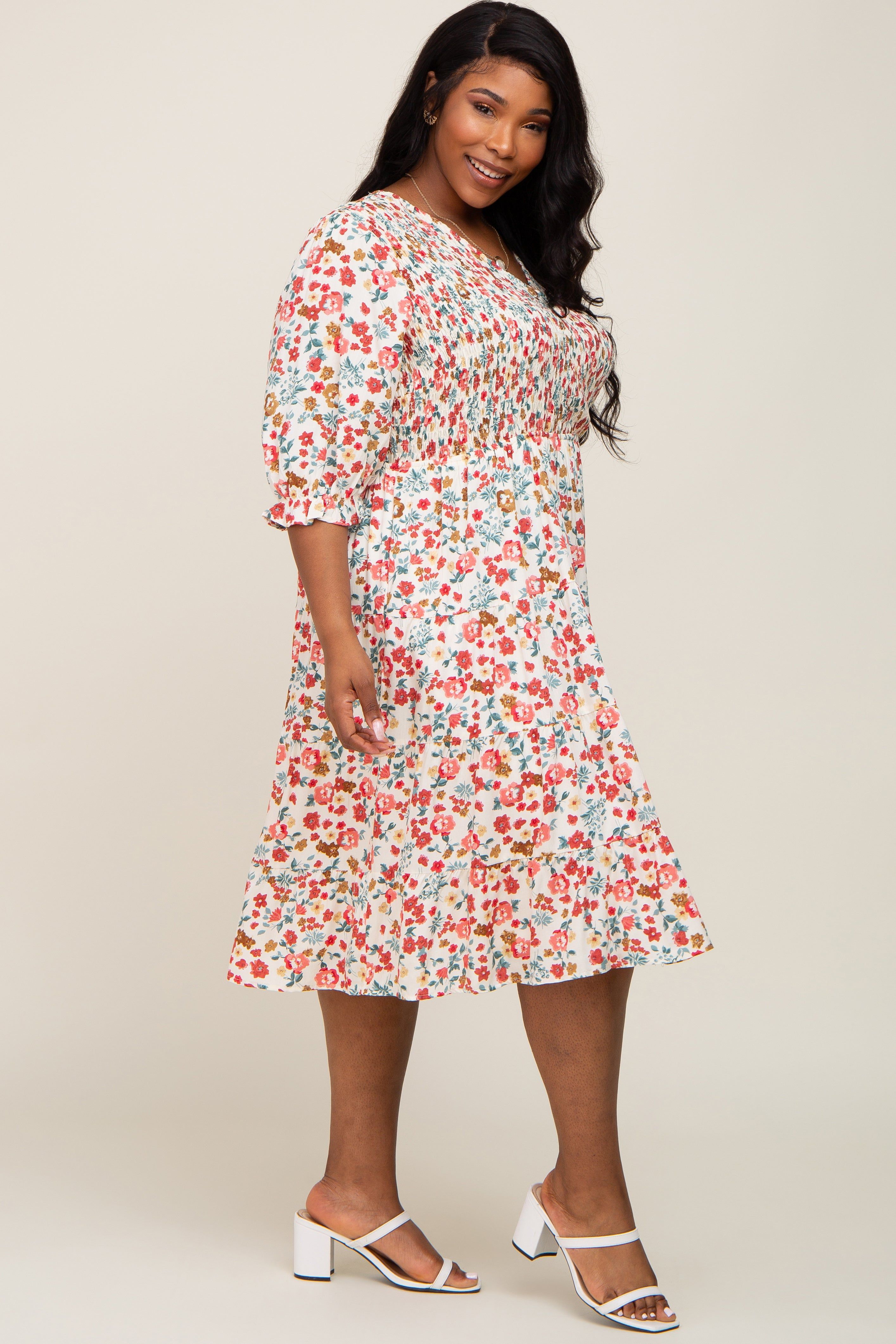 Ivory Floral Smocked Tiered Ruffle Plus Dress sold by Pinkblush product image thumbnail 2