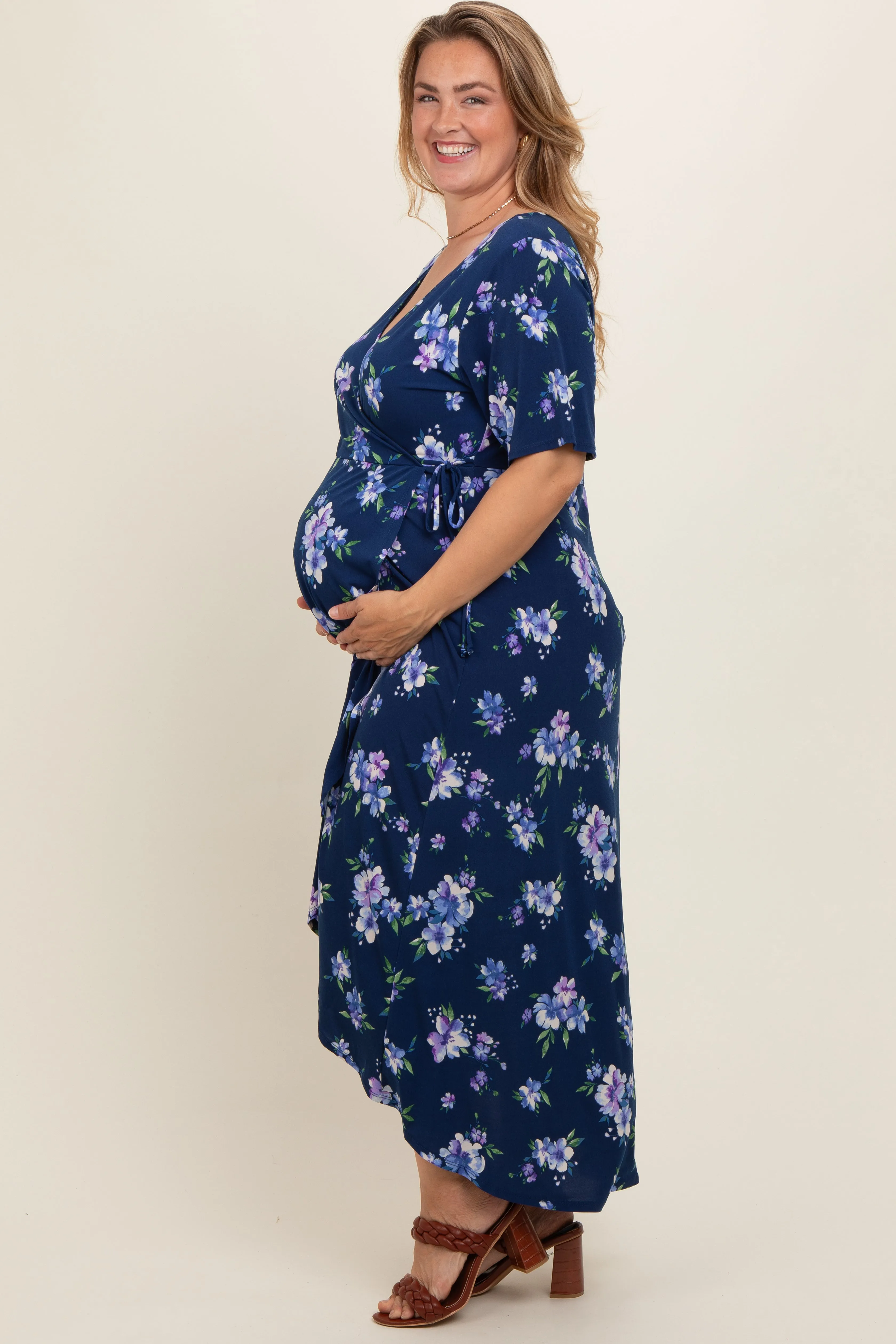 Navy Floral Short Sleeve Maternity Plus Warp Dress sold by Pinkblush product image thumbnail 3